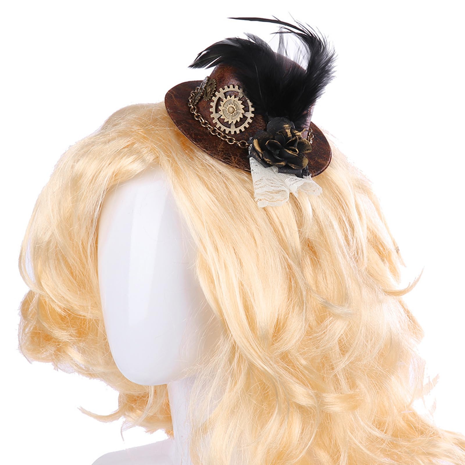 JDIEOQA Women Gothic Mini Top Hat Steampunk Gears Chain Feather Flower Fascinator Hair Clip, Vintage Victorian Cosplay Costume - Image 3