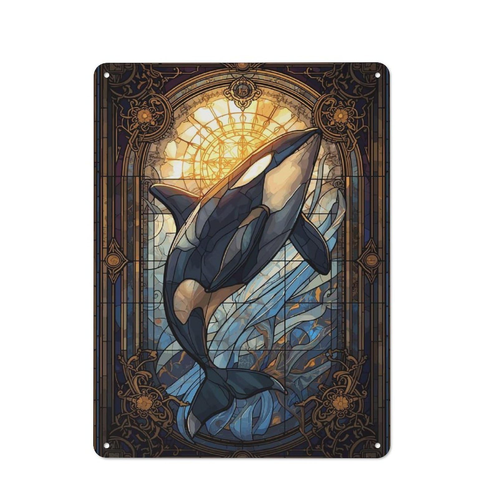 Junmoney Style-9 Tin Wall Plaque 40X30cm With Orca Stained Glass For Bar Or Restaurant, For Hospitality Decor Collectors
