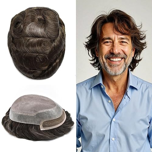 Miniatura 31 de Toupee - Sistema de cabello humano de repuesto con encaje frontal para hombre, extensiones de pelo tipo tupé mono PU para hombres