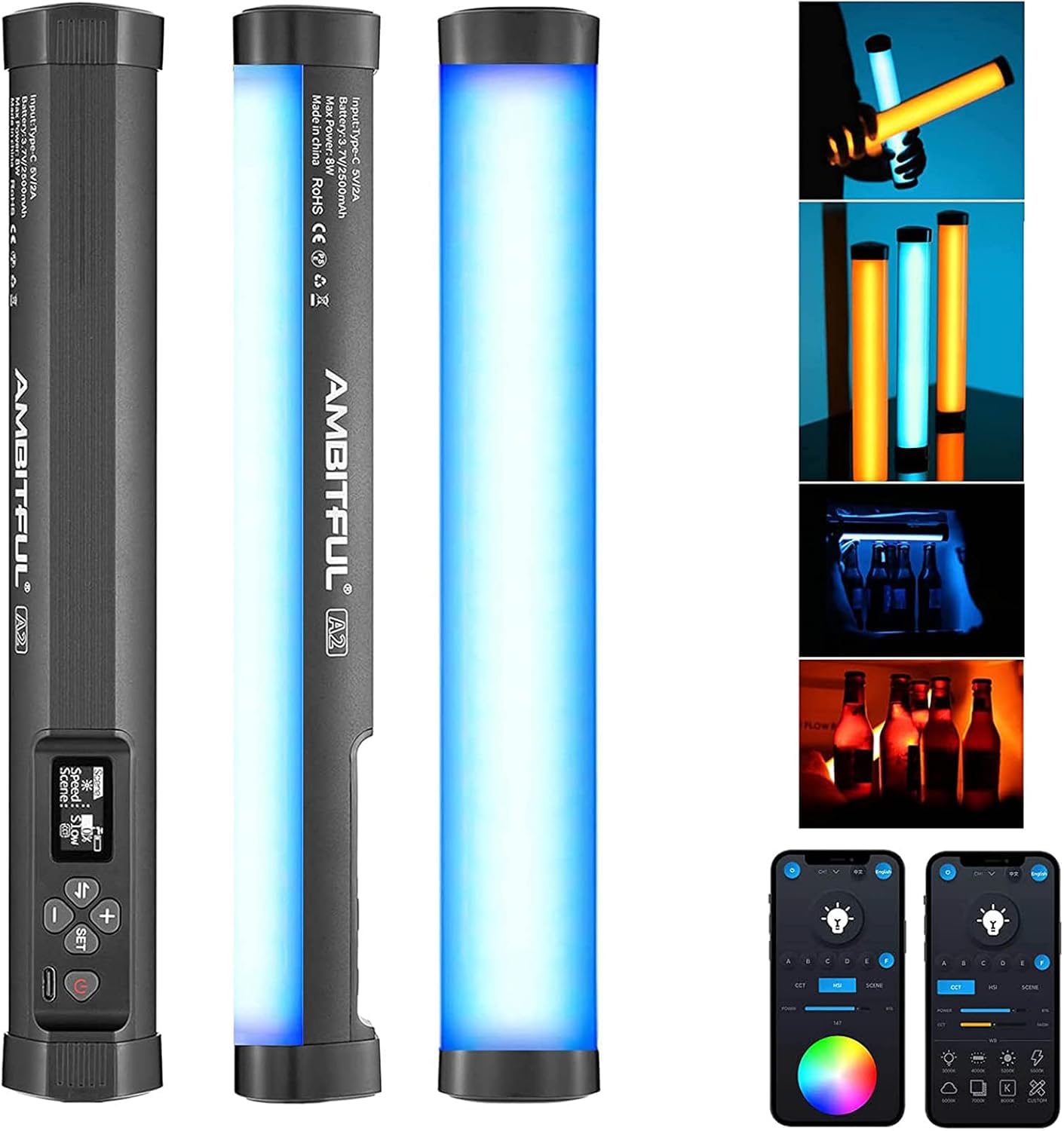 AMBITFUL A2 Full-Color RGB CRI 95 TLCI 97 - Tubi luminosi, colore accurato, 2500K-8500K regolabile, modalità RGB CCT, effetto luce 29 Fx, supporta il controllo tramite App, design magnetico (A2)