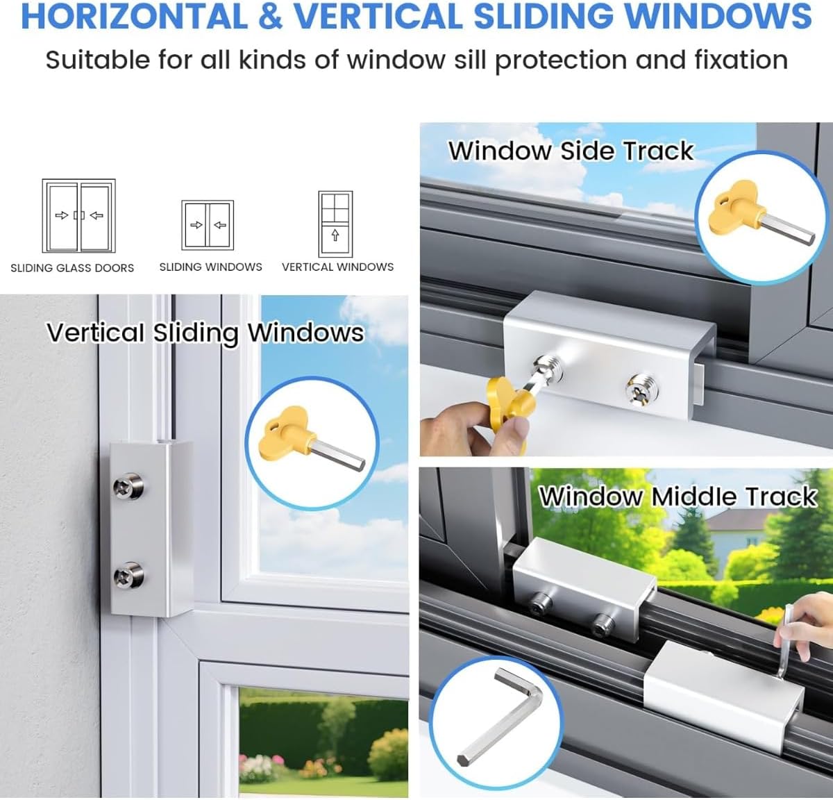 Window Locks for Up and Down Sliding Door Lock Security Bars Child Safety Locks Security with Keys, Easy to Install Adjustable Aluminum Sliding Window Lock