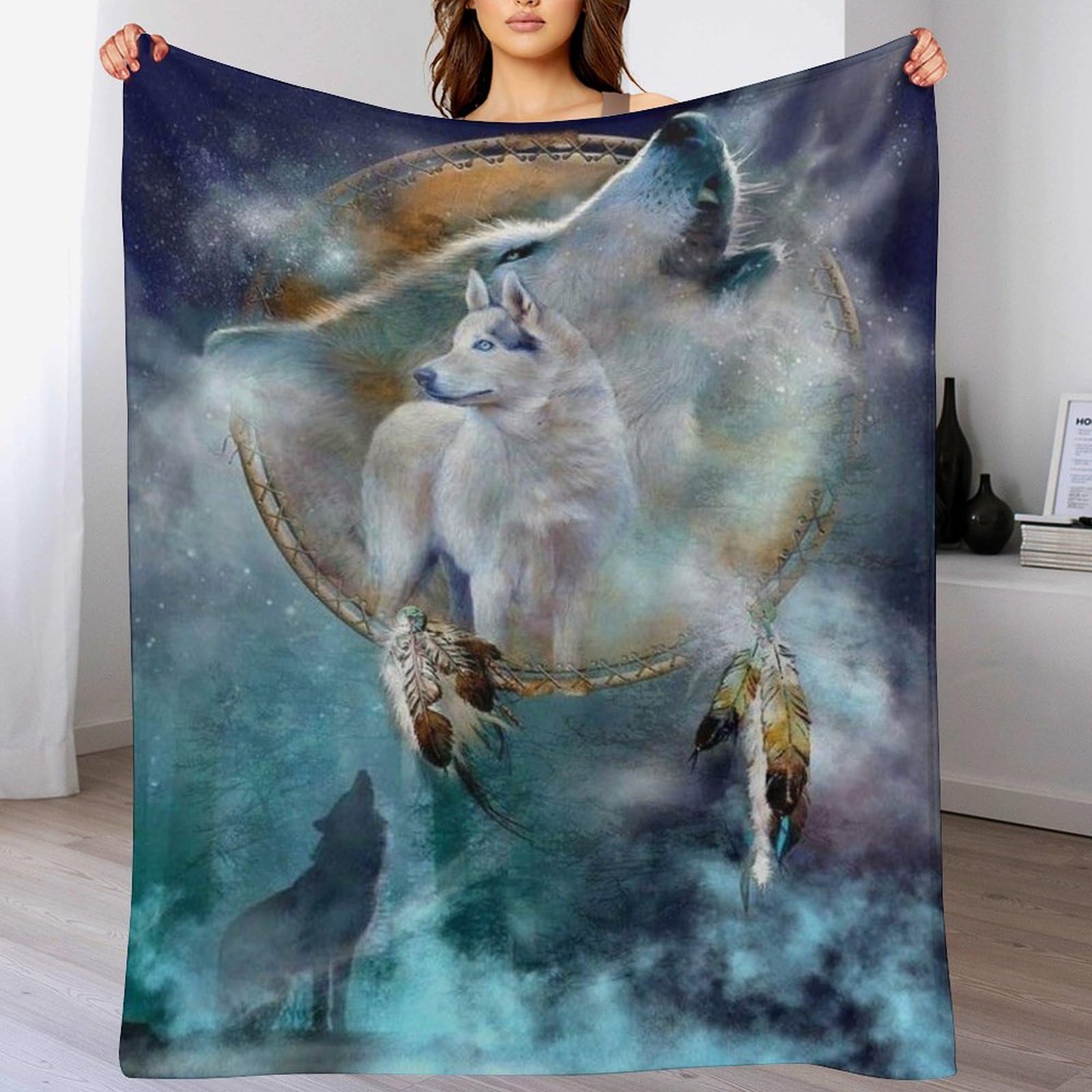 Couverture polaire loup dreamcatcher pour canapé et voyage confort