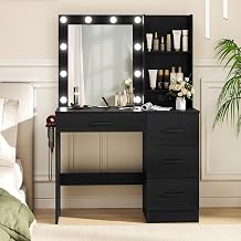 GOFLAME Makeup Vanity Desk with Lights, Modern Dressing Table with Charging Station, Hair Dryer Holder, 4 Large Drawers & 3-Tier Hutch, 3-Color Lights Adjustable, Black Vanity Table for Bedroom