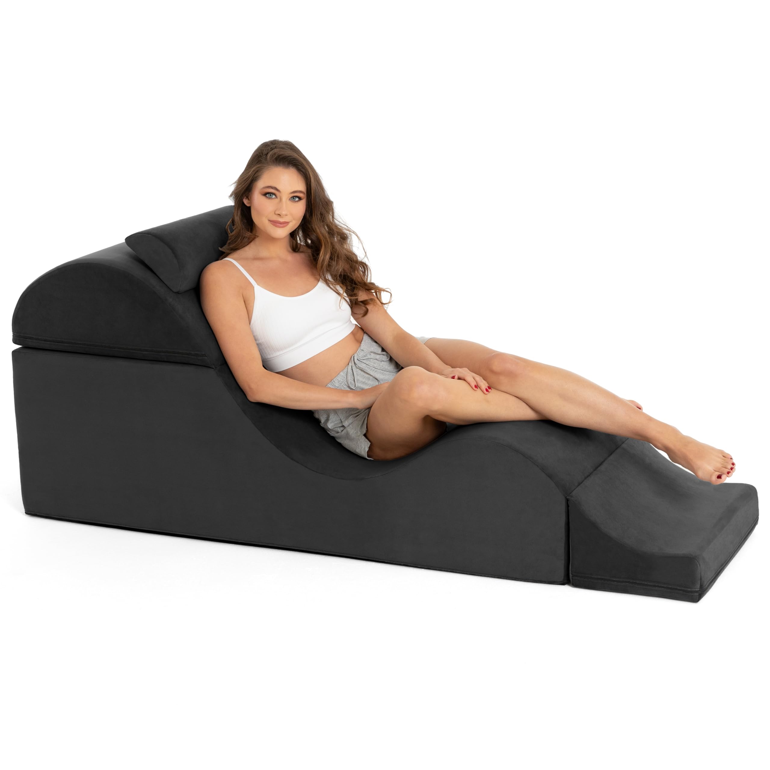 Kami Convertible Chaise/Bed Bench for Yoga & Massage - 2-in-1 End of Bed Ottoman with Concealed Fold Out Yoga Lounge Chair, 22" Wide, Microvelvet Black