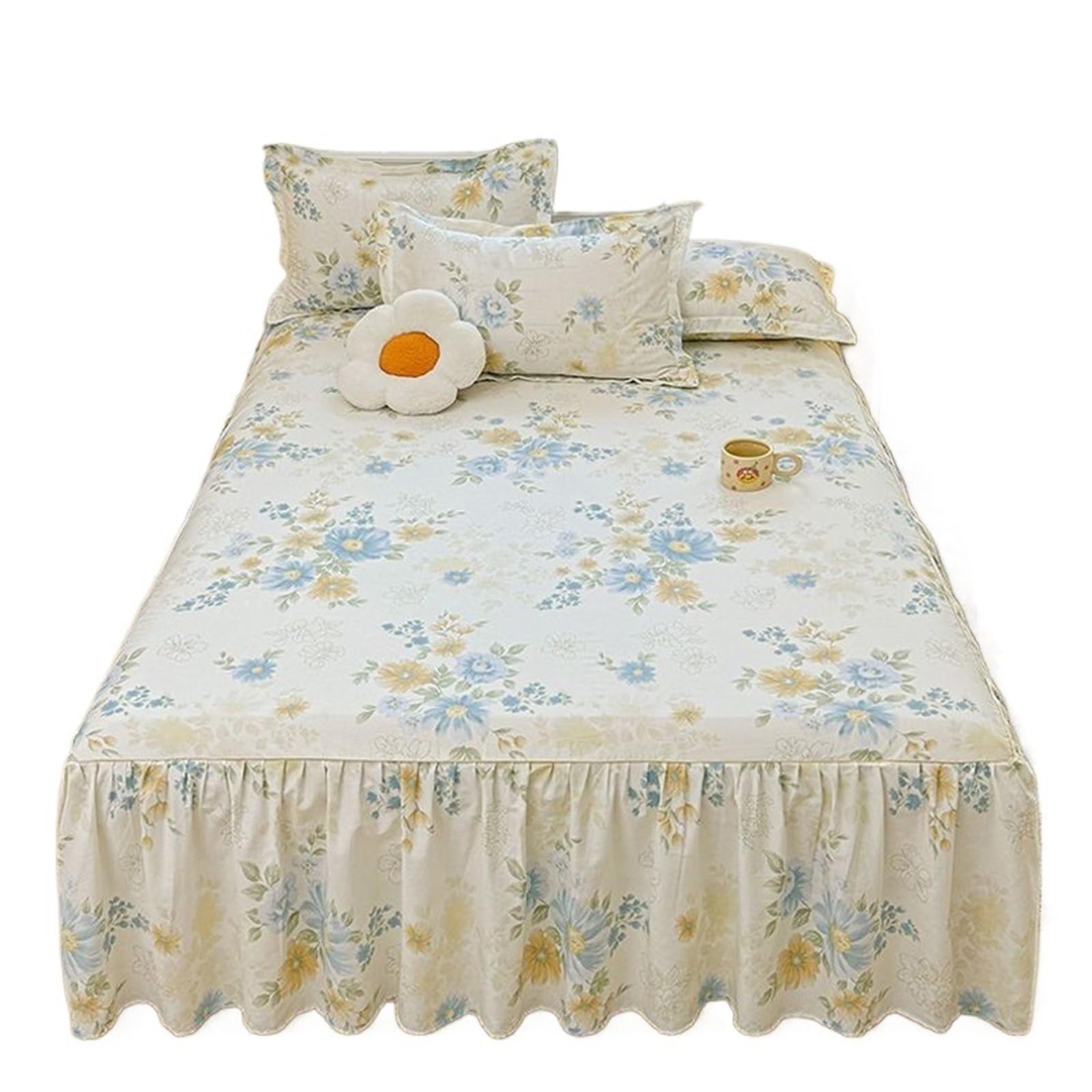1pc Floral Ruffles Bed Skirt Bedspread Soft Bedsheet With Elastic Band At Four Corner(No Pillowcase)(Color2,Queen 152x203cm 1pc)