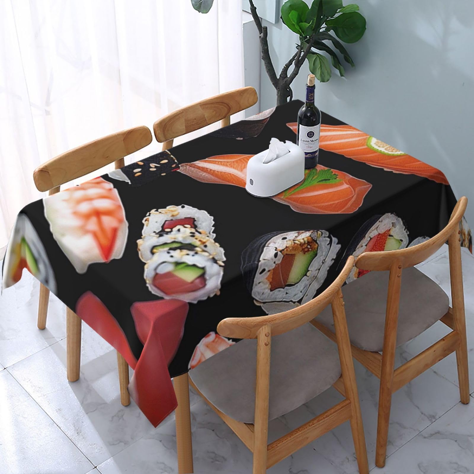 WPKJU Japanese Sushi Black Printed Tablecloth Water Resistant Table Cover Washable Rectangle Table Cloth for Tables 54x72 in