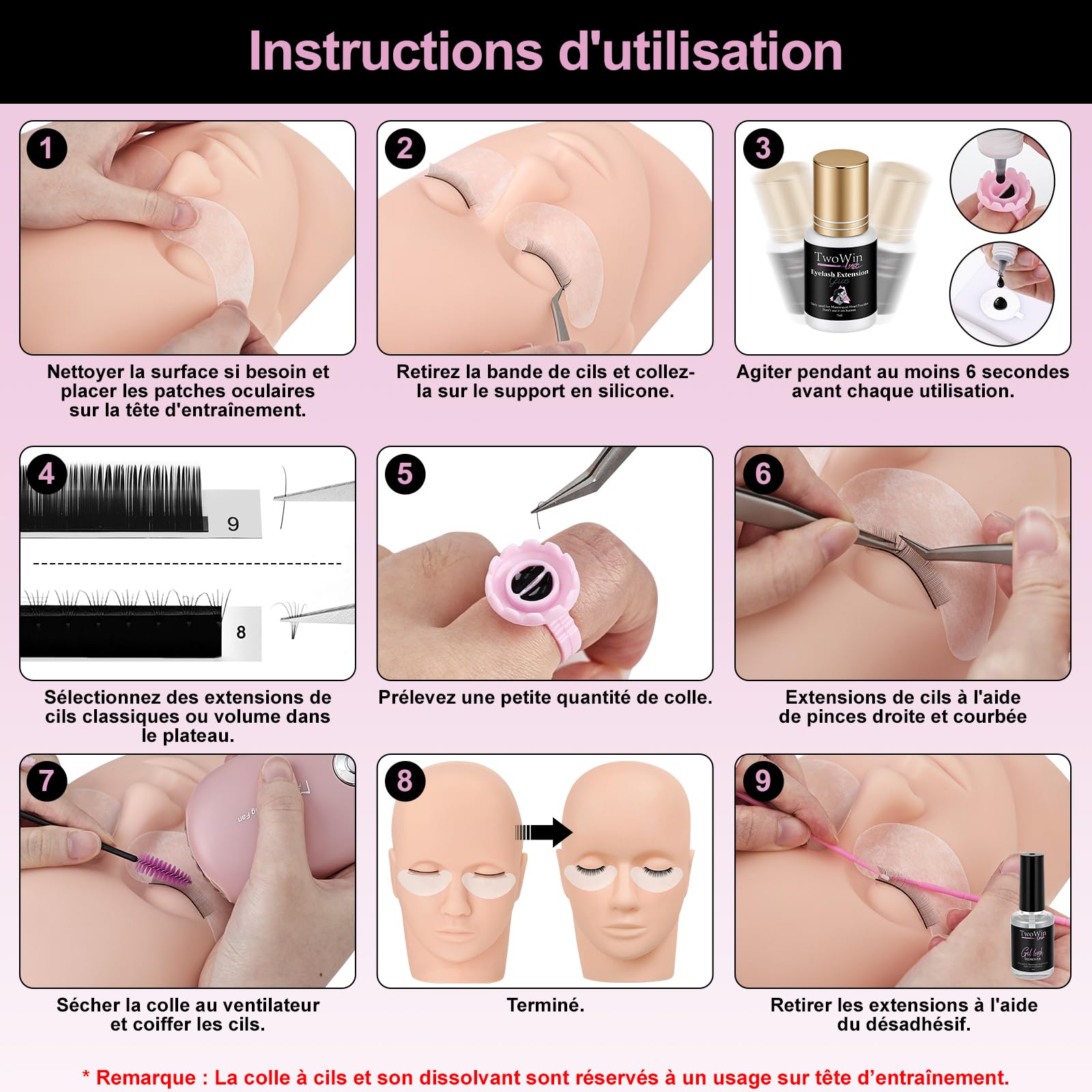 Kit d'extension de faux cils TwoWin, kit de formation professionnel pour mannequin tête pour débutants en extension de cils, pratique en cosmétologie, accessoires pour esthéticiennes