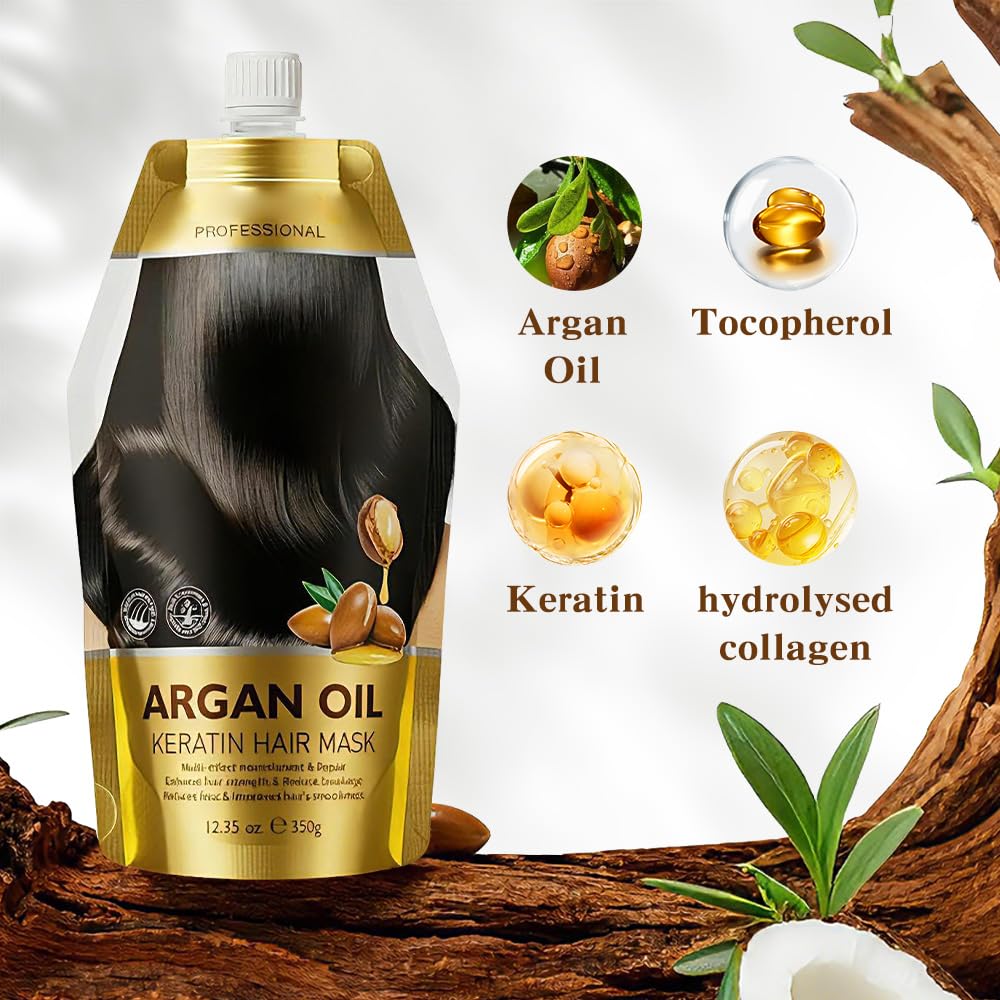 Argan Oil & Keratin Deep Conditioning Hair Mask, Intensive Repair Treatment for Dry, Damaged Hair - Frizz Control, Smoothing & Strengthening - For All Hair Types - Image 2