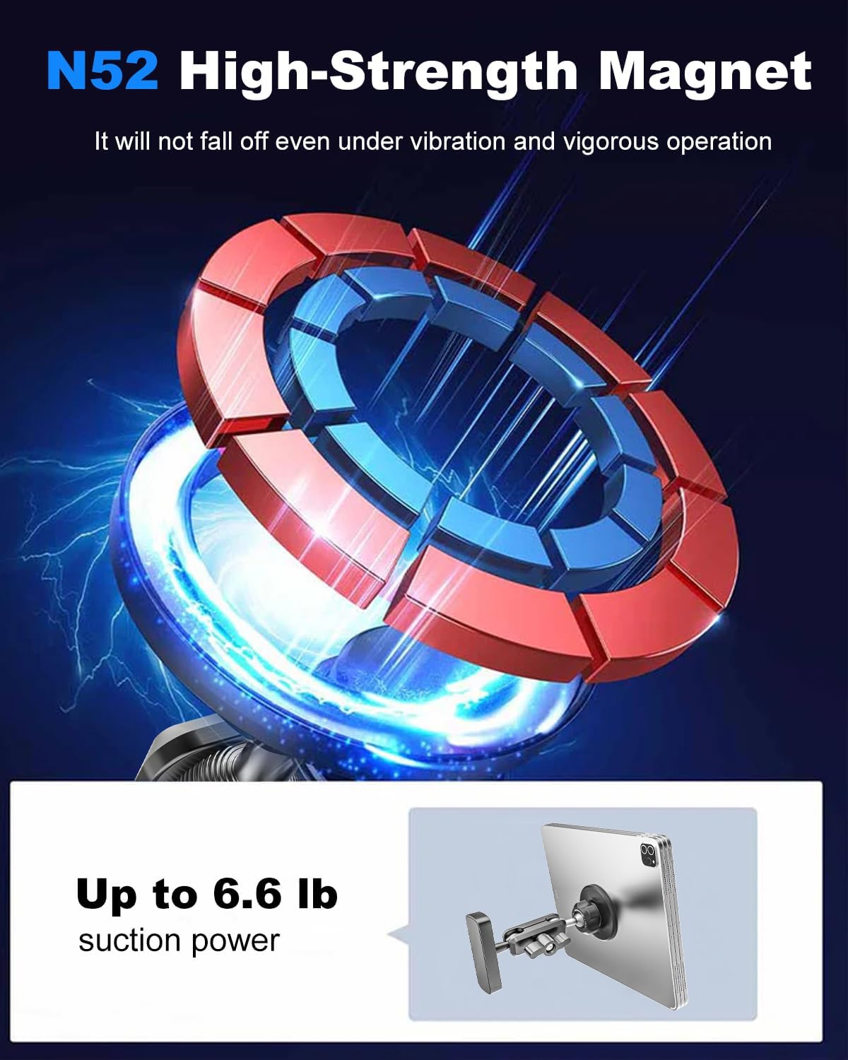 Dual Magnetic Tablet Holder - Attach to Any Iron Surface | Strong Magnets | 360° Metal Arm iPad Magnetic Mount, Double Magnetic Tablet Mount for Fridges/Shelving/Gym, Fit 4-11" iPad, iPhone