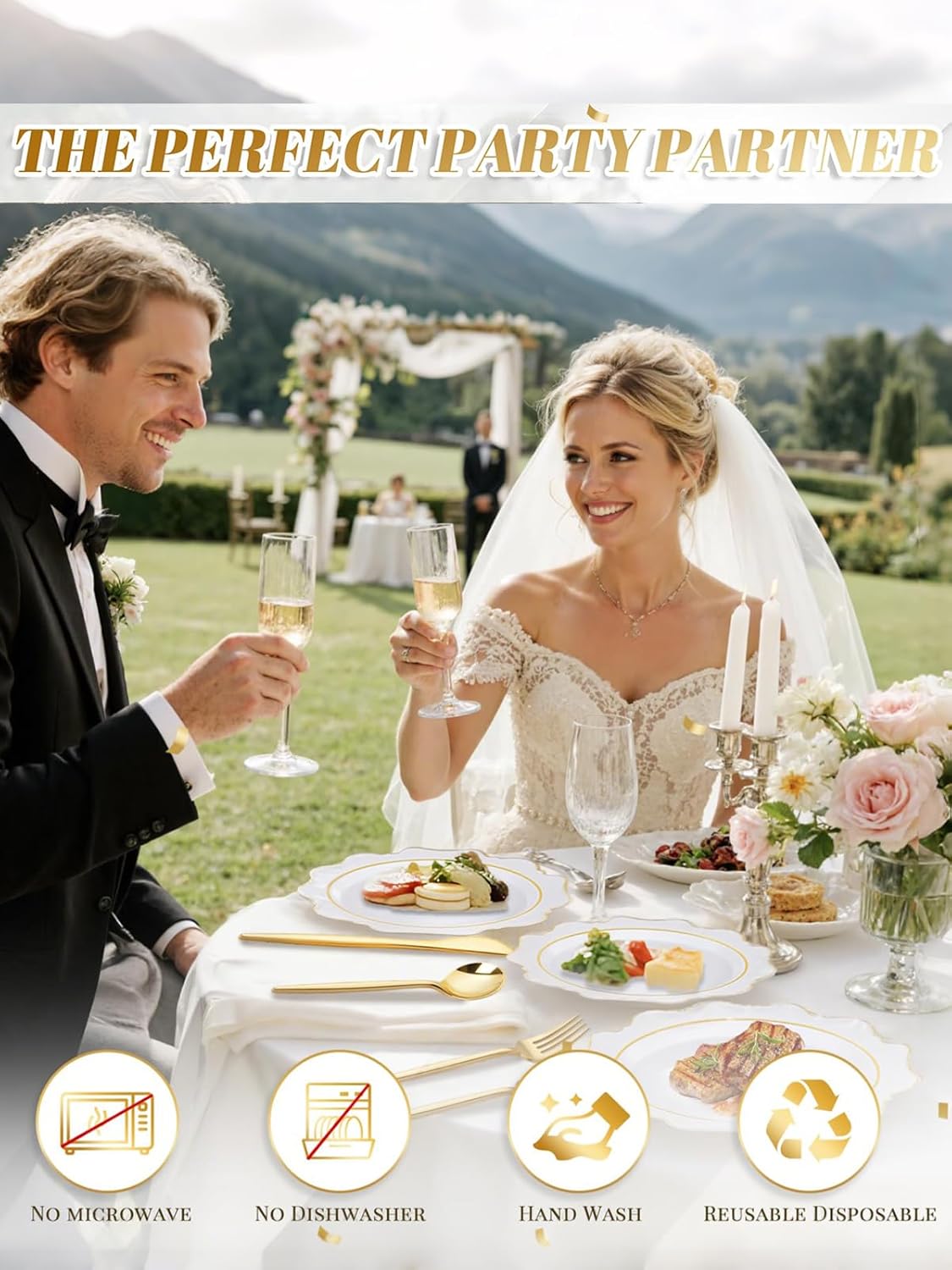 WDF 100PCS White and Gold Plastic Plates - Gold Disposable Plates - Include 50 Dinner & 50 Dessert Plate for Party - Heavy Duty Fancy Plastic Plate for Wedding/Thanksgiving/Bridal shower - Image 9