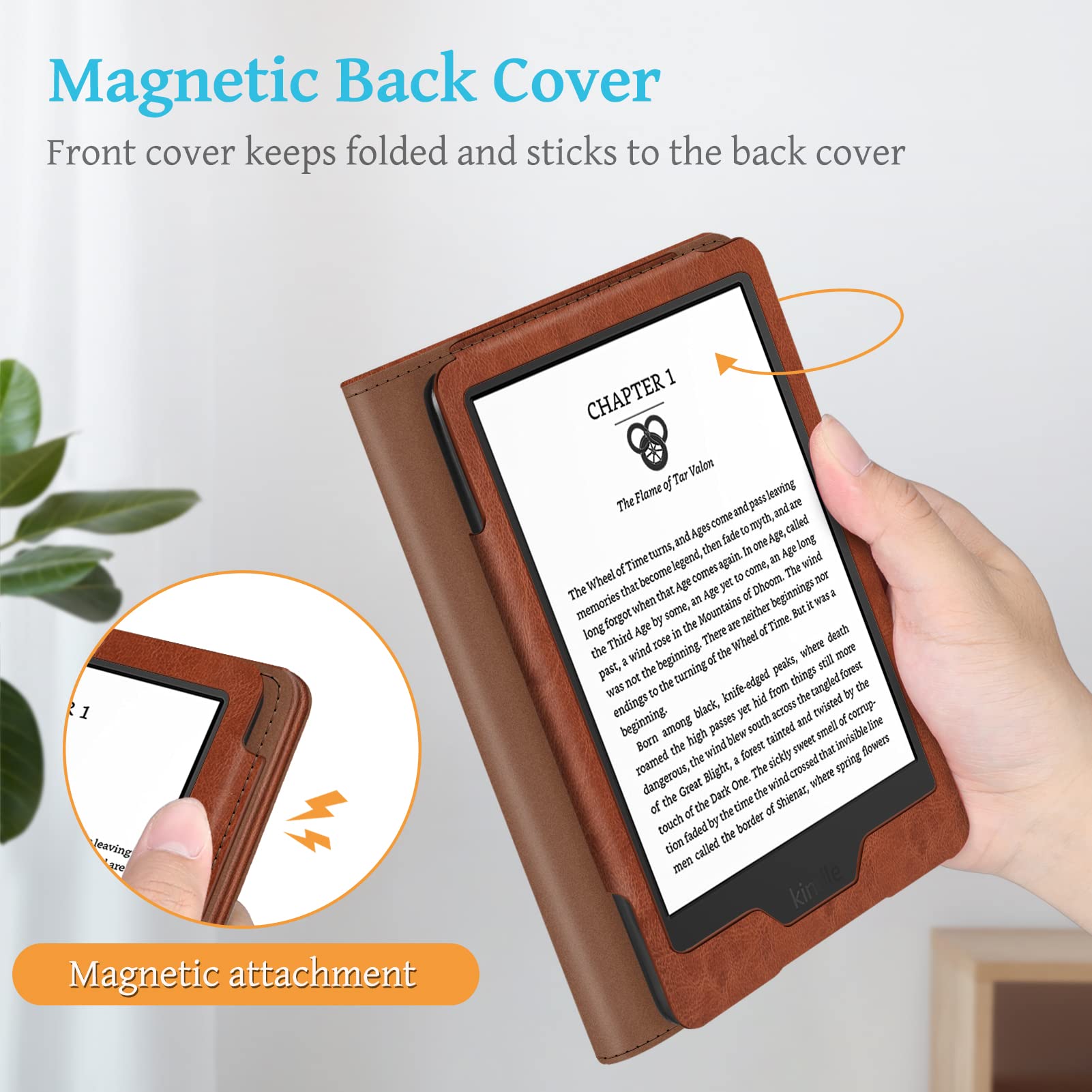 FINTIE Étui pour 6" Kindle (11e Génération, Modèle 2024/2022), Coque Fixation à Béquille Housse avec Fente pour Carte et Dragonne, Veille/Réveil Automatique, Marron Vintage