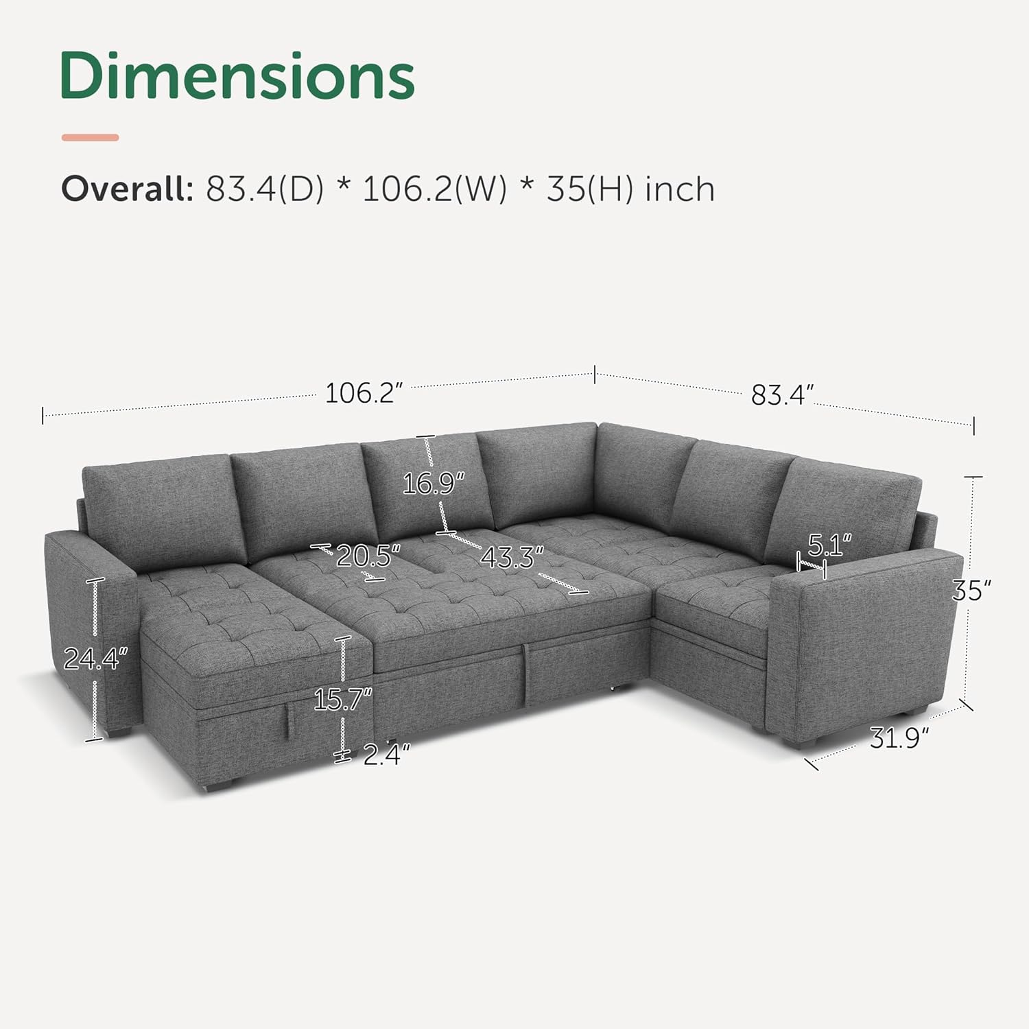 HONBAY Modular Sectional Sleeper Sofa with Pull Out Bed, Convertible L Shaped Couch with Storage Seat, Sectional Couches for Living Room,Grey