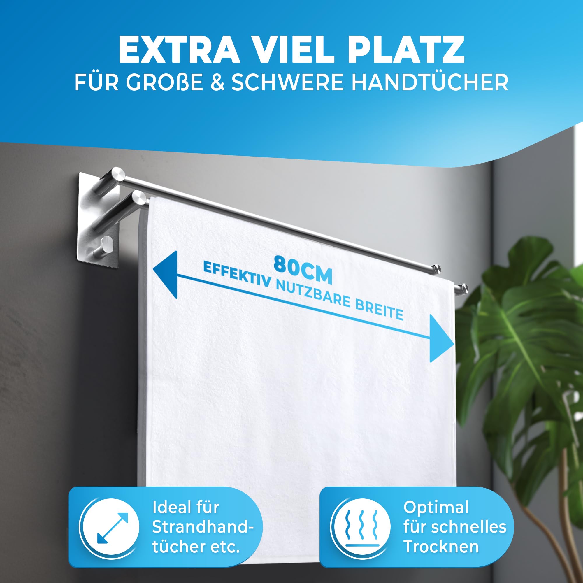 LOBUX® - Toallero sin taladrar – 80 cm, acero inoxidable – Toallero de baño doble autoadhesivo – Toallero de baño con 2 ganchos – para baño, ducha, cocina