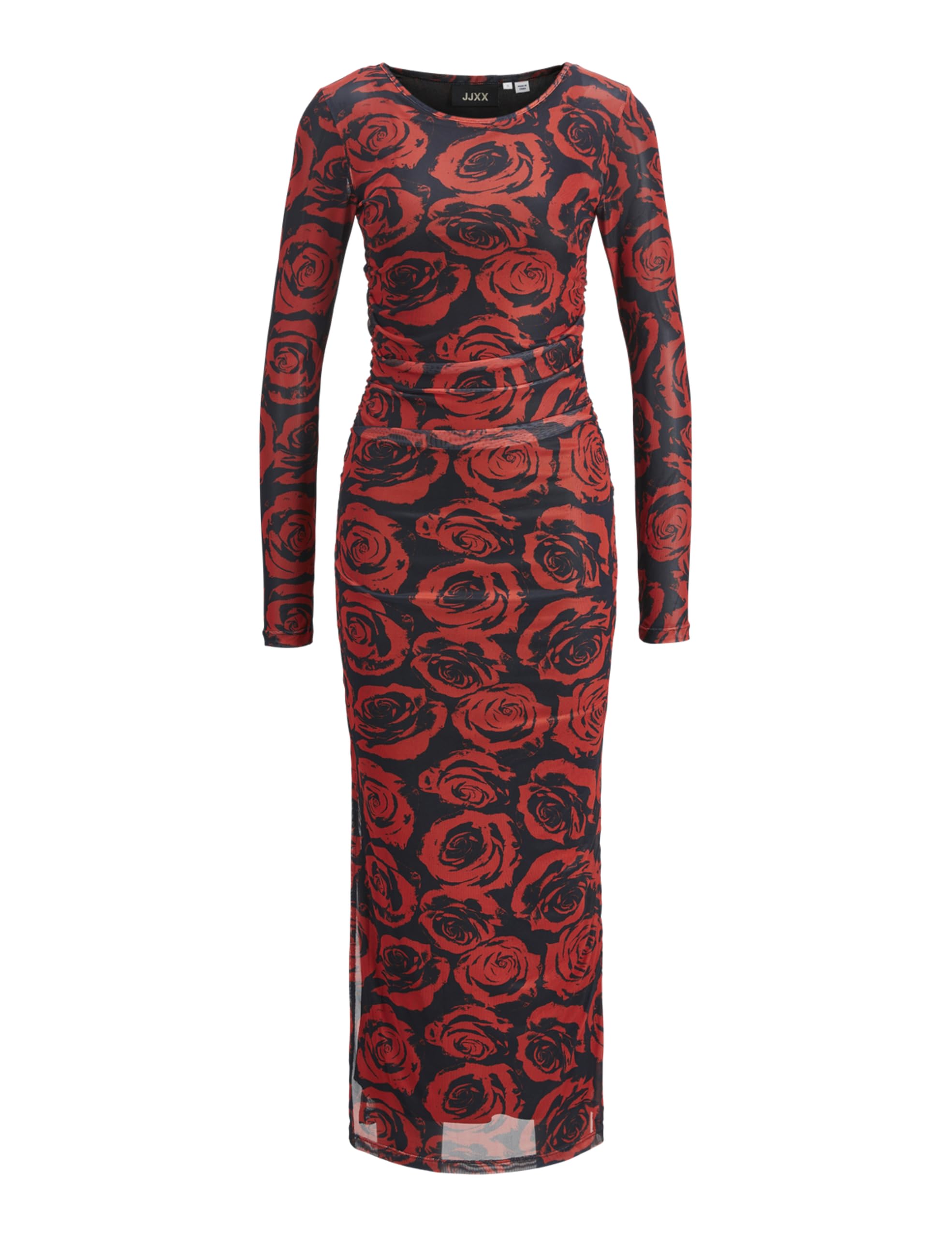 Jack & Jones Women's Jxrosa Mesh LS Maxi Dress WVN Maxi Dress, Fiery Red/AOP: Rose, XS