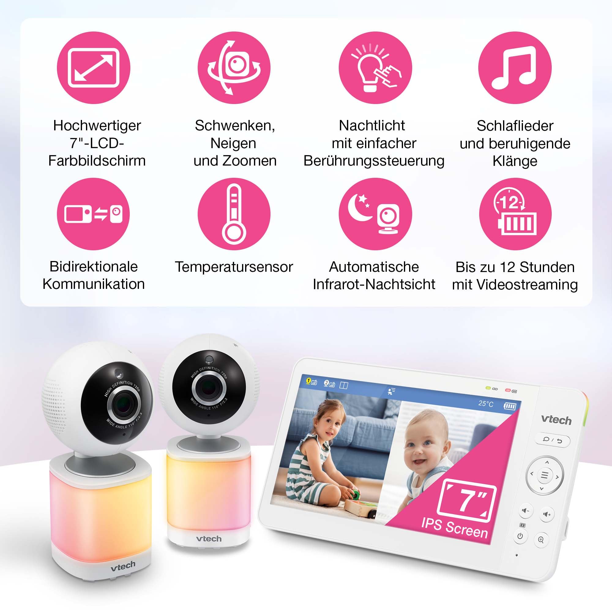 VTech Video-Babyphone mit 7" Farb-LCD-Bildschirm,360°-Panoramablick,Schwenken/Kippen/Zoom,Wiegenlieder&beruhigende Geräusche,Nachtlicht,Gegensprechfunktion,Touch-Bedienung,VM7468-2 mit Zwei Kameras