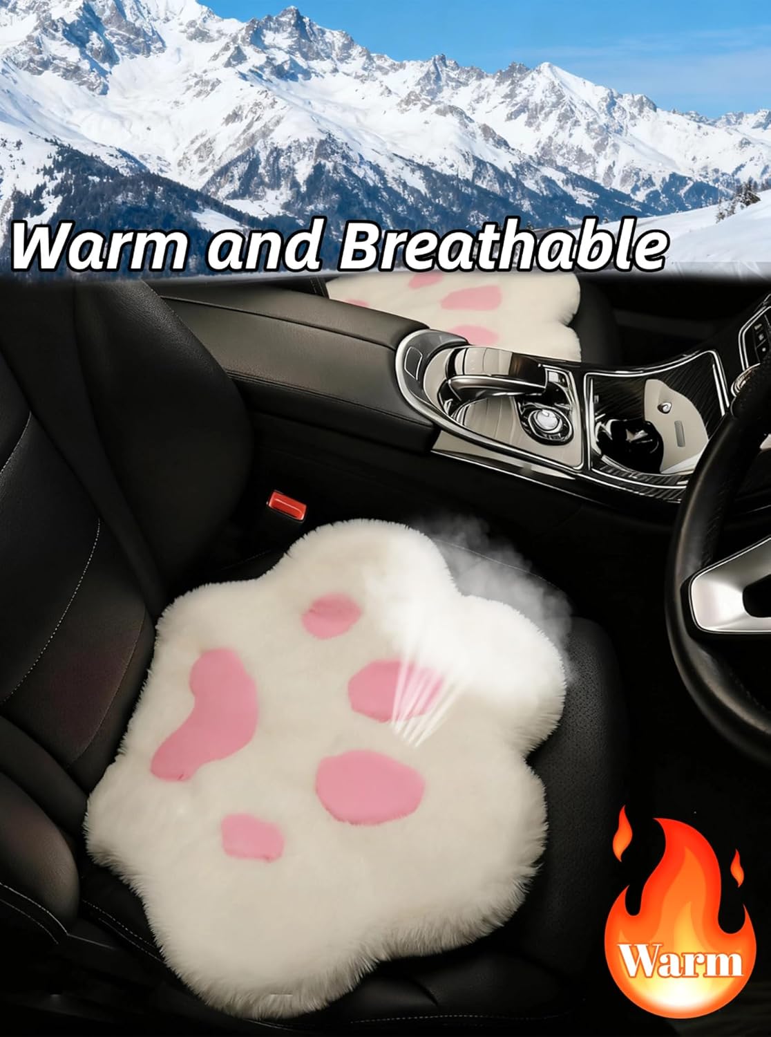 Fluffy Cat Paw Print Car Seat Cover for Universal Faux Sheepskin Fur Car Seat Covers Fuzzy Soft Plush Auto Seat Protector Pad (Pink, 2pcs Front Seat Cushions)