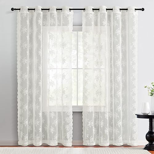 Miniatura 2 de Kotile Cortinas de encaje con ojales de 95 pulgadas de largo, cortinas rústicas de encaje floral, juego de 2 paneles para sala de estar, cortinas