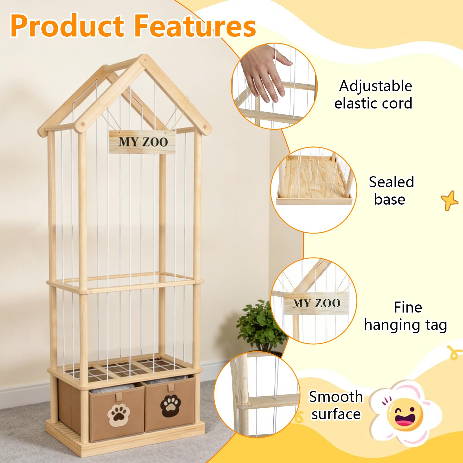 165x58x33cm Plüschtier Aufbewahrung aus Holz mit 2 Schubladen, Massivholz Kiefer Kuscheltier Organizer, Hohes Plüschtier Regal für Kinderzimmer, Spielzimmer & Nursery