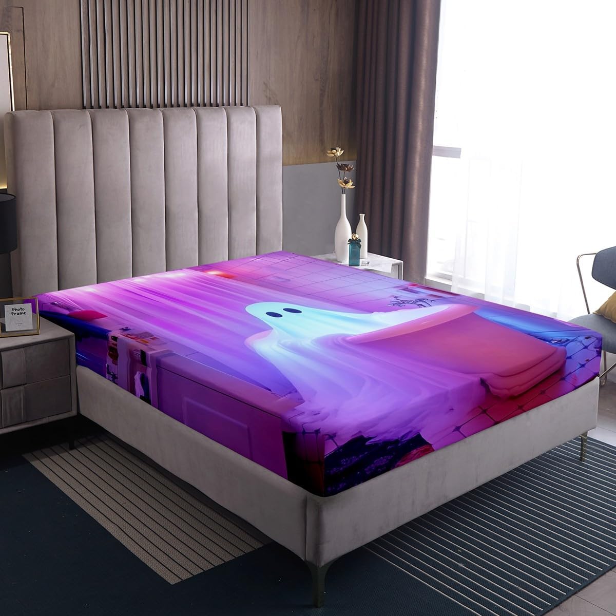 jejeloiu Halloween Fantasy Ghost Bed Sheets Set Twin Size Ghost Bathtub 3 Pieces Sheet with 16 Inch Deep Pockets for Kids Boys Girls Decor Bedding Taking a Bath Breathable Soft Bedroom Decor Lavender