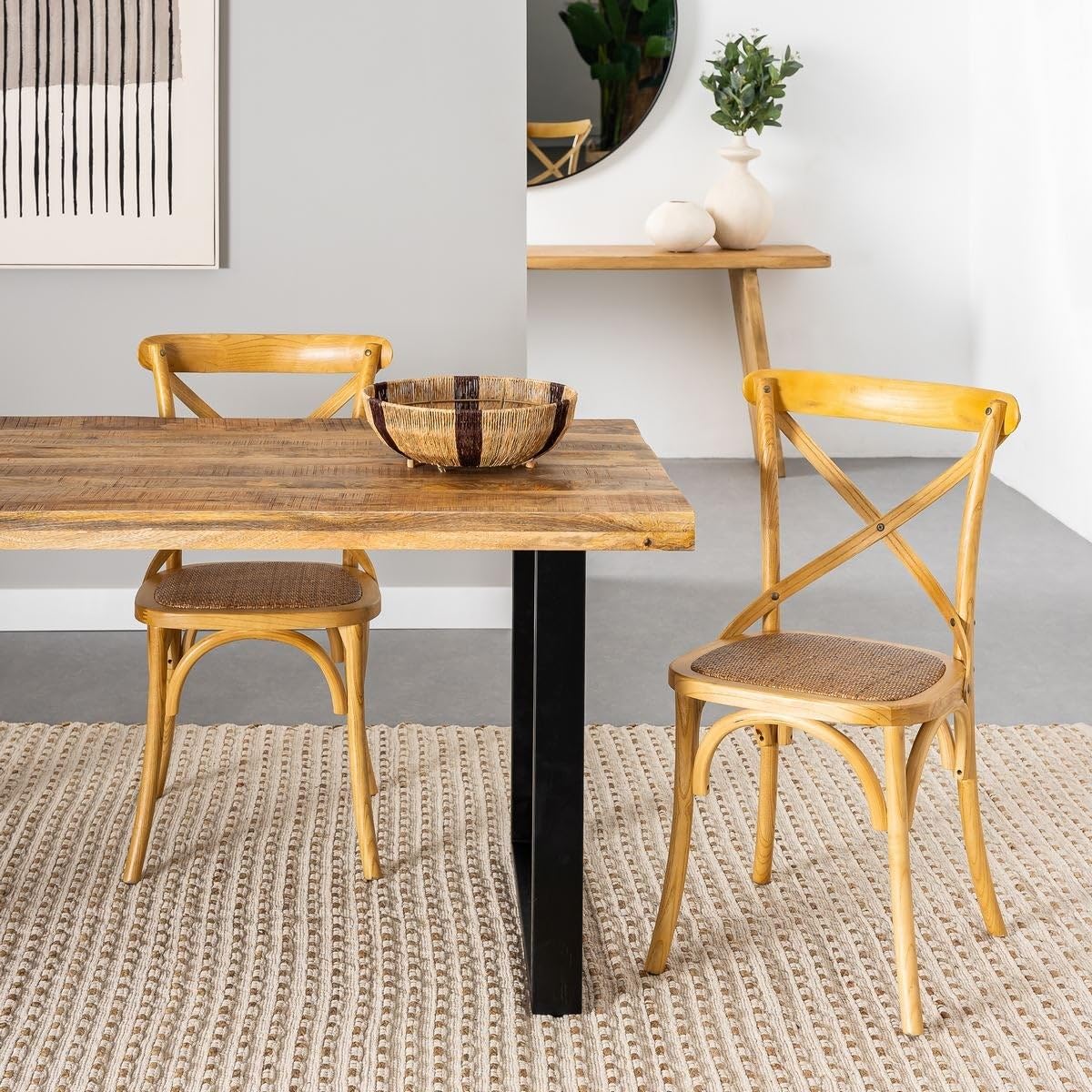LOLAhome - Silla de Comedor Aspas de Madera de Olmo Color Natural con Asiento de ratán Trenzado en Tono Natural
