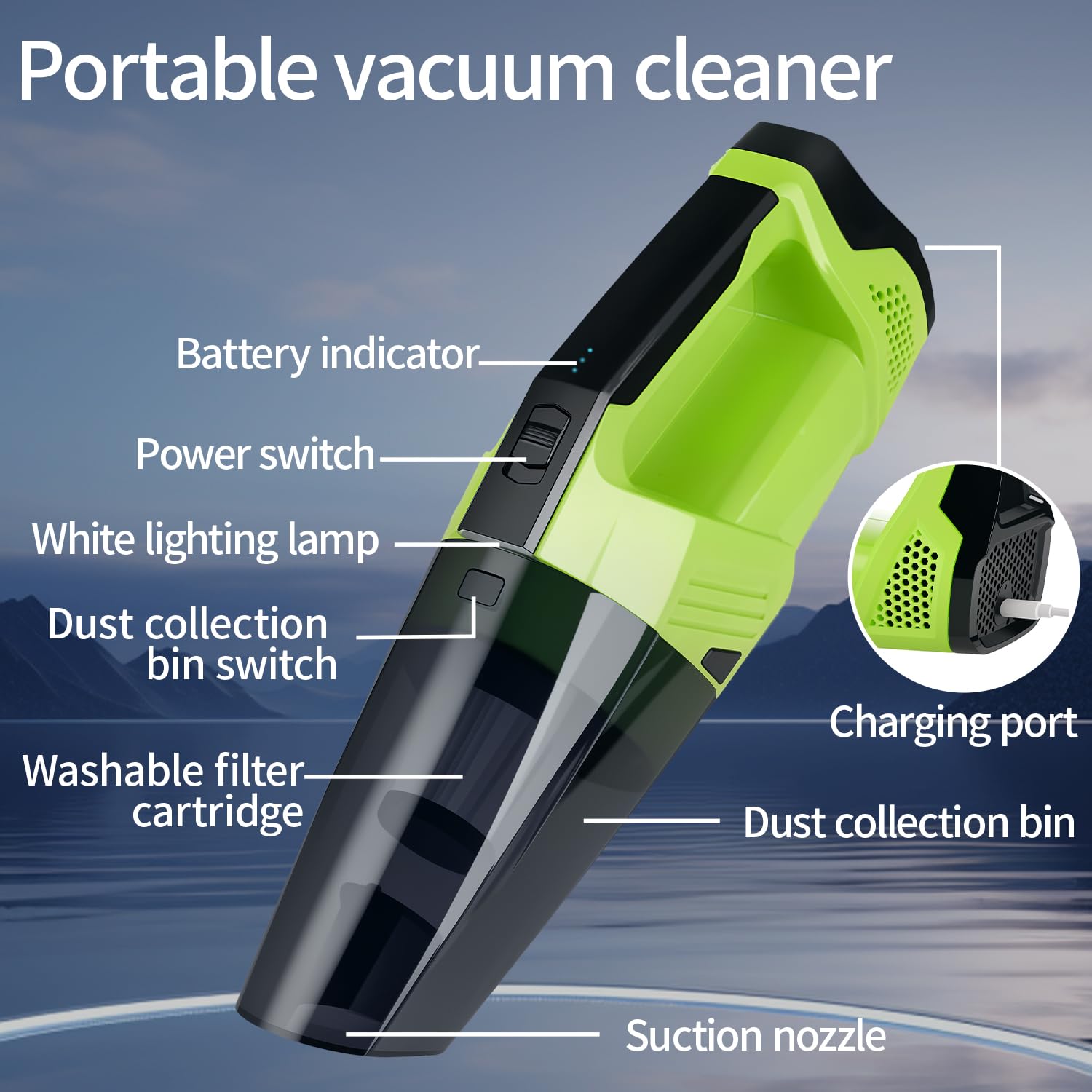 Cordless Car Vacuum: Portable Handheld Vacuum with LED Light, High Power Suction, Lightweight Rechargeable Hand Vacuum Cleaner for Car, Home, Office, and Pet Hair - Green