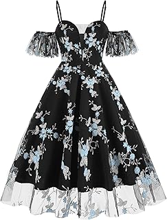 Women Keyhole Floral Embroidery Dress Sheer Mesh Illusion Vintage Cocktail Swing Dress Wedding Party Prom Tulle Evening Dress