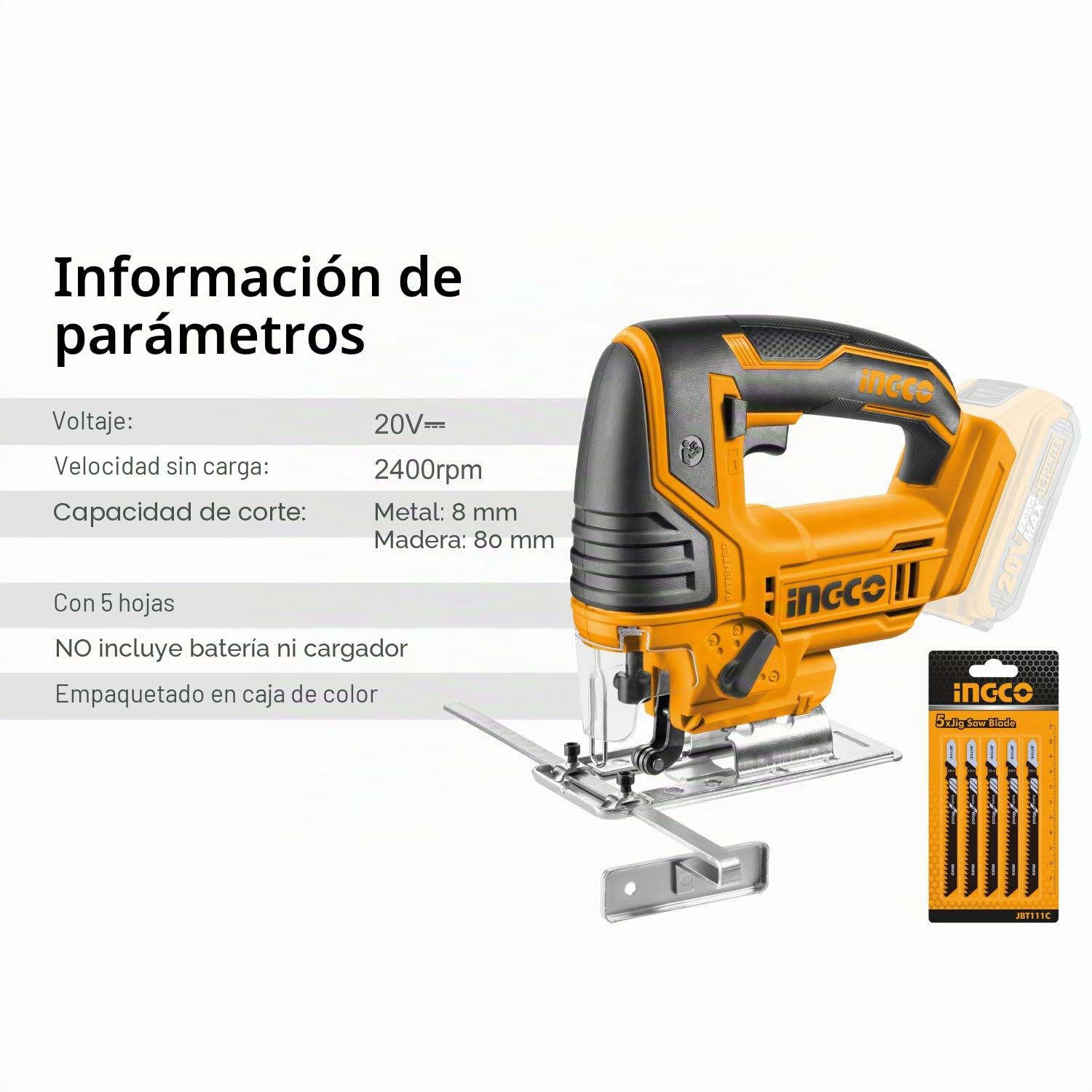 Sierra Caladora Inalámbrica INGCO 20V con Cuchilla de 5 piezas (Sin Batería)