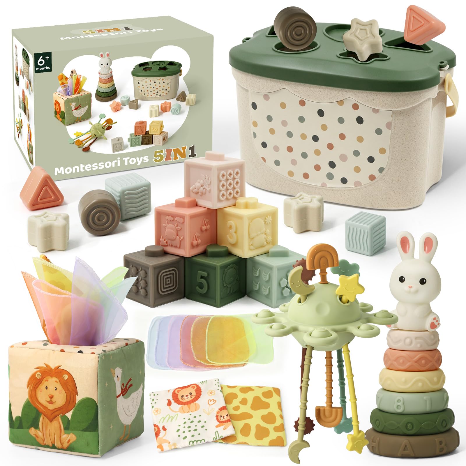 Auezona 5 in 1 Giochi Montessori 6 Mesi, Giochi Neonato 6-9 Mesi-Verde | Scatola di Fazzoletti Montessori, Giocattoli Impilabili, Giocattolo di Classificazione | Regalo Bambino 8 9 12 Mesi