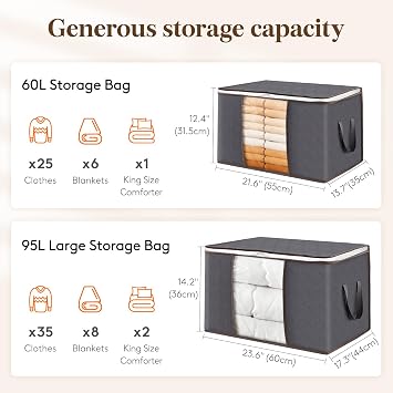 Lifewit 95L Clothes Storage Bags, Foldable Storage Box Moving Bags Wardrobe Storage Organiser Packing Boxes for Moving House with Clear Window for Clothing Bedding Blankets, Grey, 4 Pack