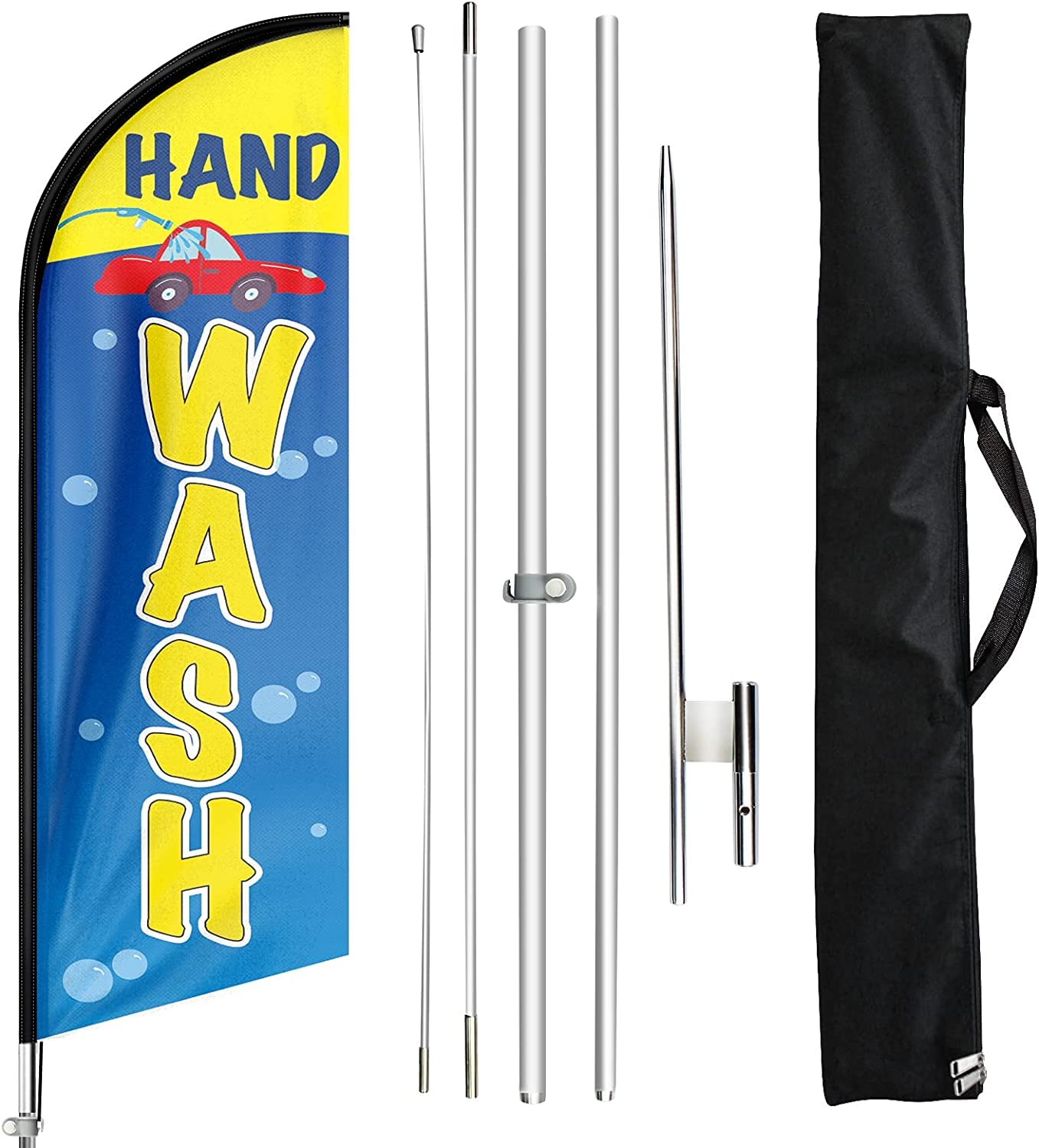 FSFLAG Car Wash Swooper Flag, Hand Wash Advertising Feather Banner with Poles and Ground Stake, Advertising Feather Flag for Car Auto Wash, 11 Ft