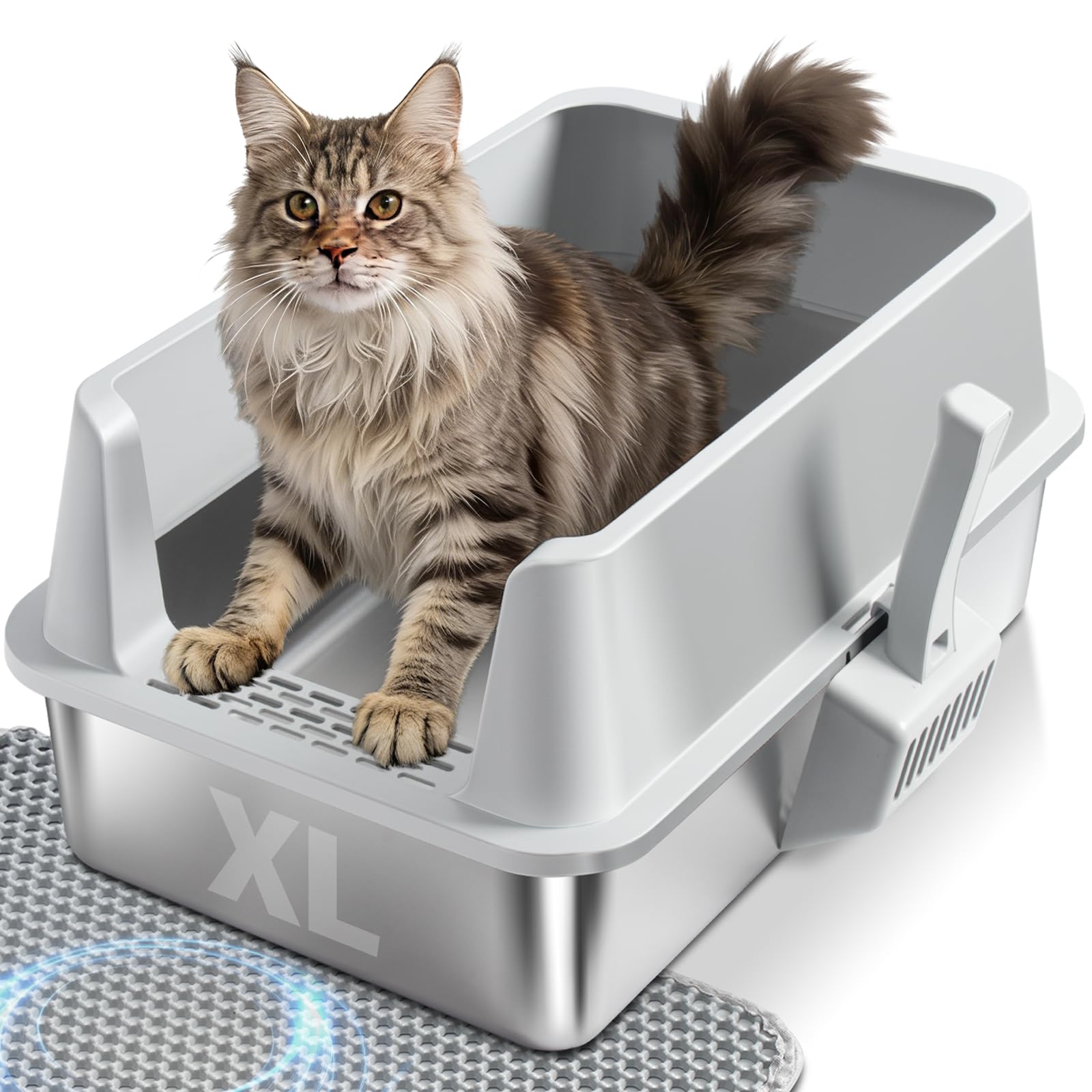 Stainless Steel Cat Litter Box with Lid, XL Metal Litter Box High Sided, Odor-Free/Anti-Urine Leakage & Non-Stick, Extra Large Litter Box with Mat & Scoop for Multiple/Big Cats, Easy Cleaning (Grey)