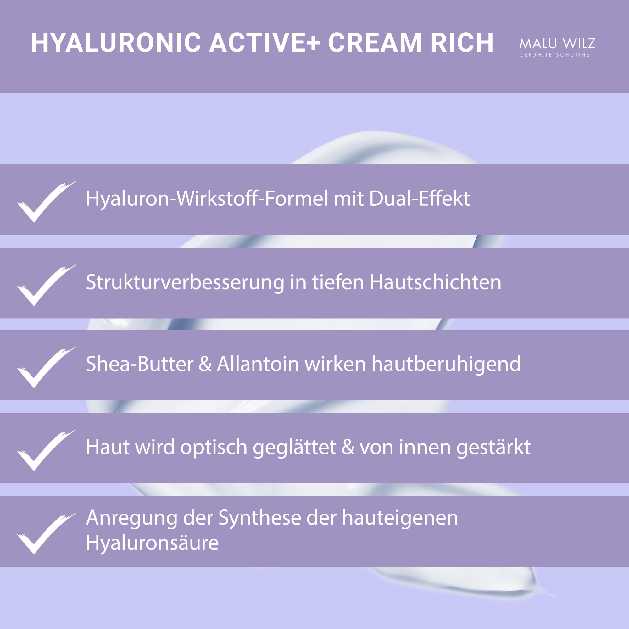 Malu Wilz Hyaluronic Active + Cream Rich 50 ml I Erfrischende Skincare Gesichtspflege-Creme mit Hyaluron-Wirkstoff-Formel mit Dual-Effekt I Booster I Vegan