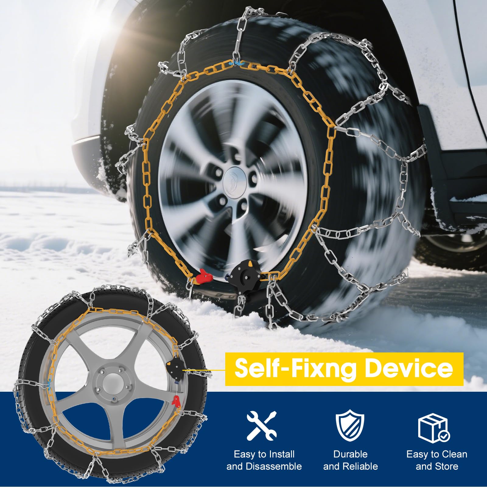 Catene da Neve Automatiche, 2 Pezzi x 12 mm, Montaggio Rapido in 1 minuto delle Catene da Neve con Tenditore Automatico per Auto (misura 110)