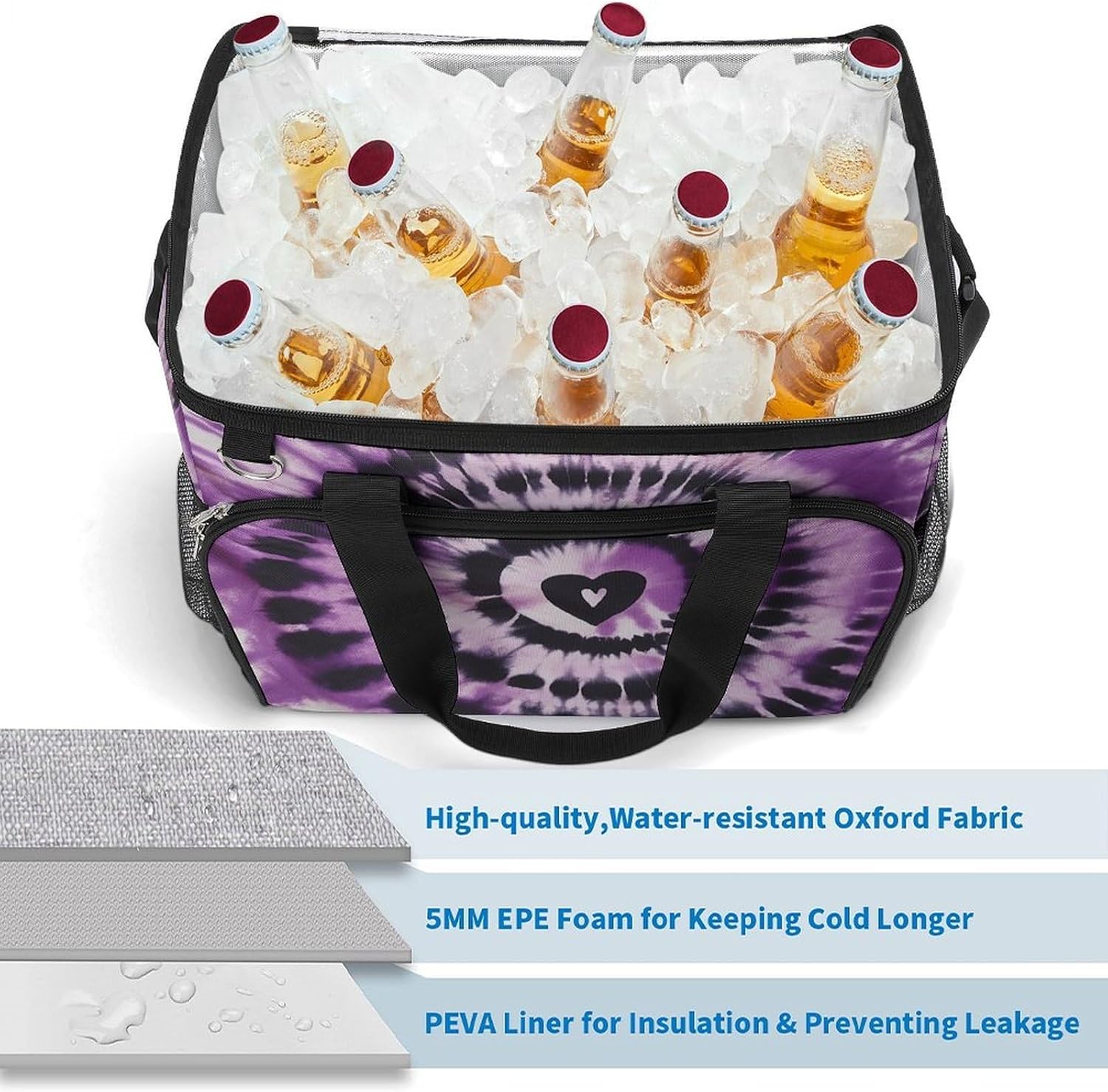 Large Capacity Oxford Cloth Purple Tie Dye Printed Camping Ice Bag, Outdoor Portable Insulation and Cooling Bag, Suitable for Outdoor Camping and Picnics