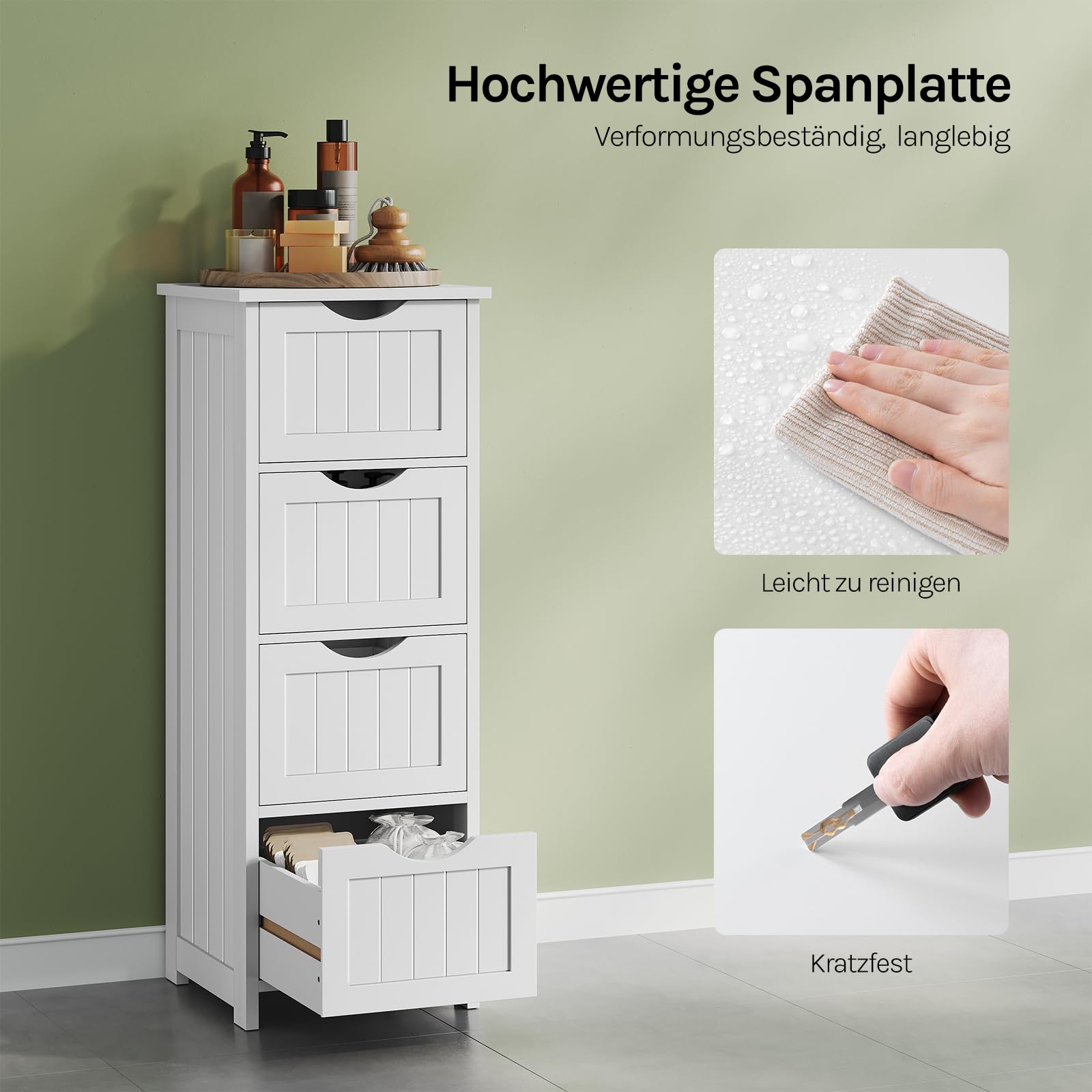 WOLTU Badezimmerschrank, Badschrank Schmal Klein, Beistellschrank mit 4 Schubladen, 30 x 30 x 82 cm, für Badezimmer, Wohnzimmer, Schlafzimmer, Esszimmer, Küche, Modern, Weiß BZS07ws