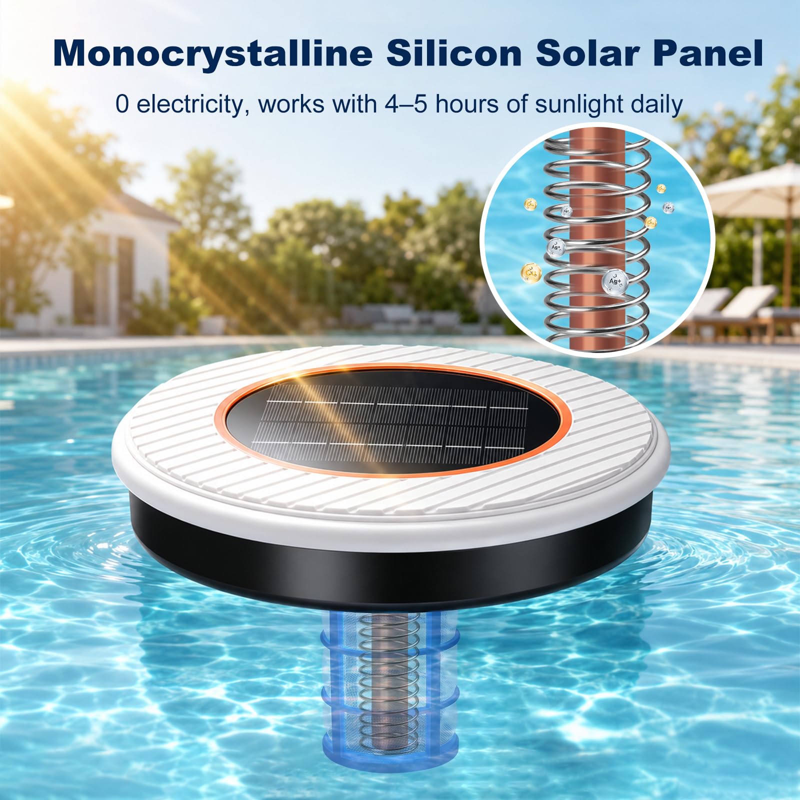 Solar Pool Ionisator, Pool Ionisator Kupfer Silber, bis 132, 500 Liter, IP68 Wasserdicht, Automatischer Wasserreiniger für Aufstellbecken und Einbaubecken, Schwimmender Solar Poolreiniger