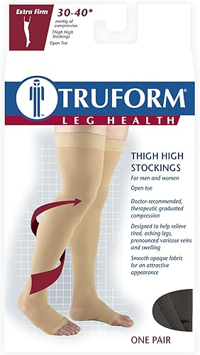 Miniatura 5 de Truform 30-40 mmHg Compression Stockings for Men and Women, Thigh High Length, Dot-Top, Open Toe, Black, X-Large