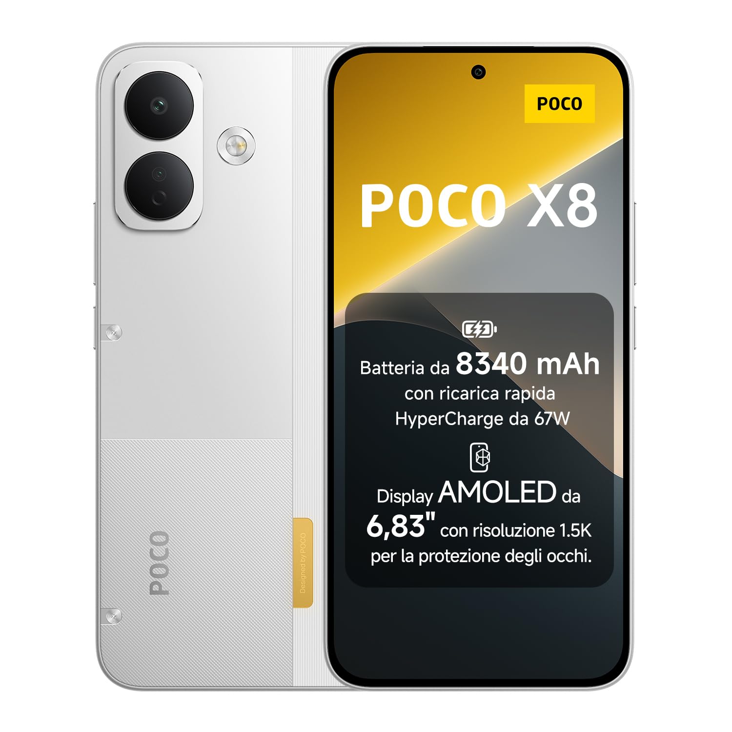 POCO X8, Smartphone 12+256GB, Bianco, Batteria 8340mAh, HyperCharge 67W | 3500 nits Sunlight Display AMOLED 6,83" 1.5K per Protezione Occhi, Snapdragon® 6s Gen 4, Fotocamera OIS 50MP,Xiaomi HyperOS 3
