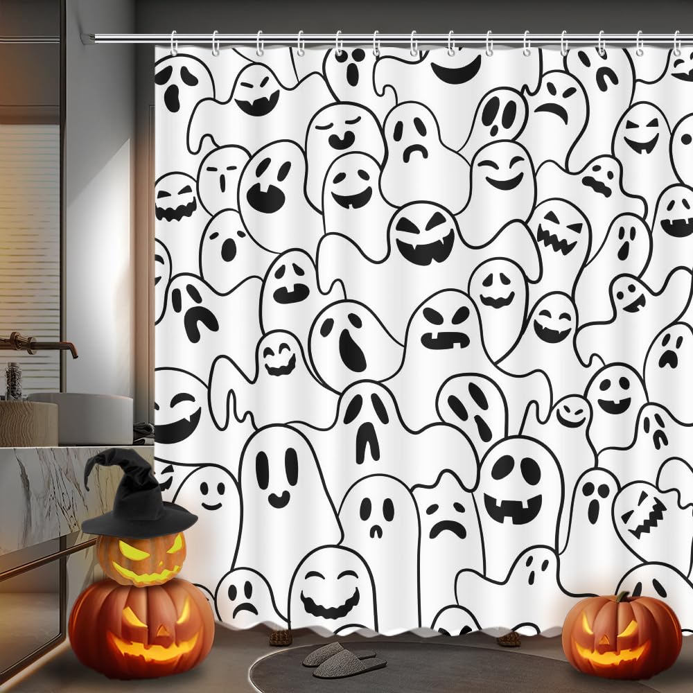 Rideau de douche fantôme Halloween blanc en tissu imperméable 183x183 cm