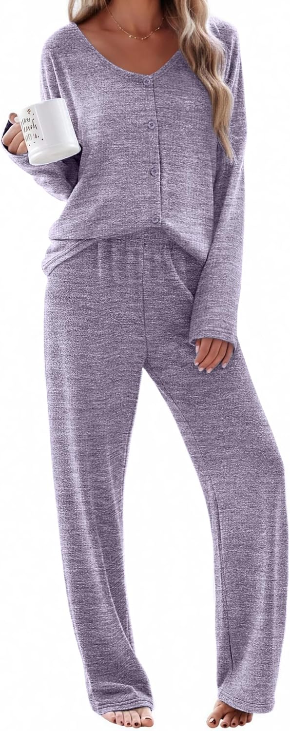 Ekouaer Womens Pajama Sets Button Up Long Sleeve Pjs Soft Lounge Set 2 Piece Sleepwear with Pockets