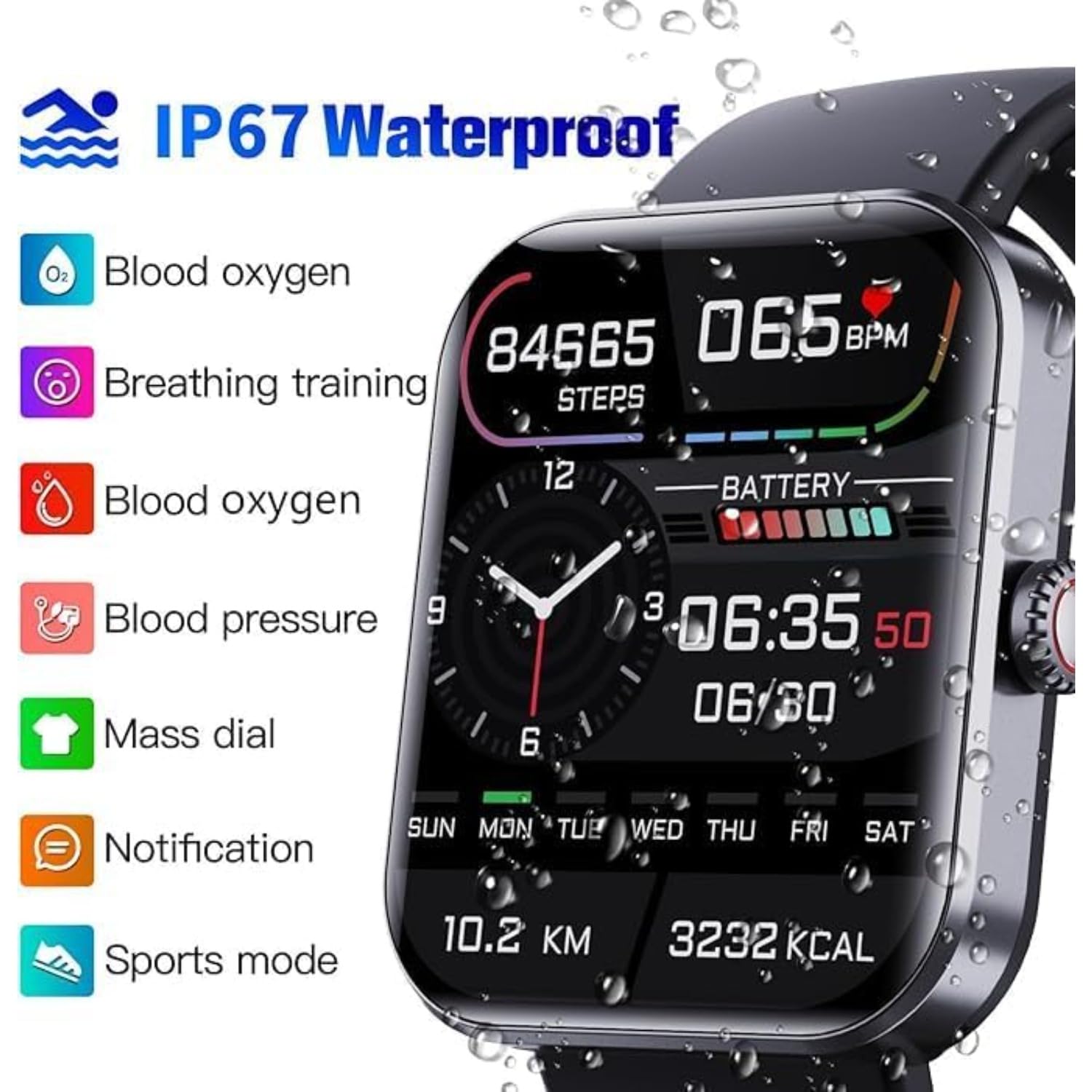 Cozey Maison GLUCOWATCH HD Pantalla Táctil, Monitorea Pasos Calorías Sueño, Modos Deportivos, Notif Bluetooth, Impermeable Ligero para Hombre Mujer Diario (Negro)
