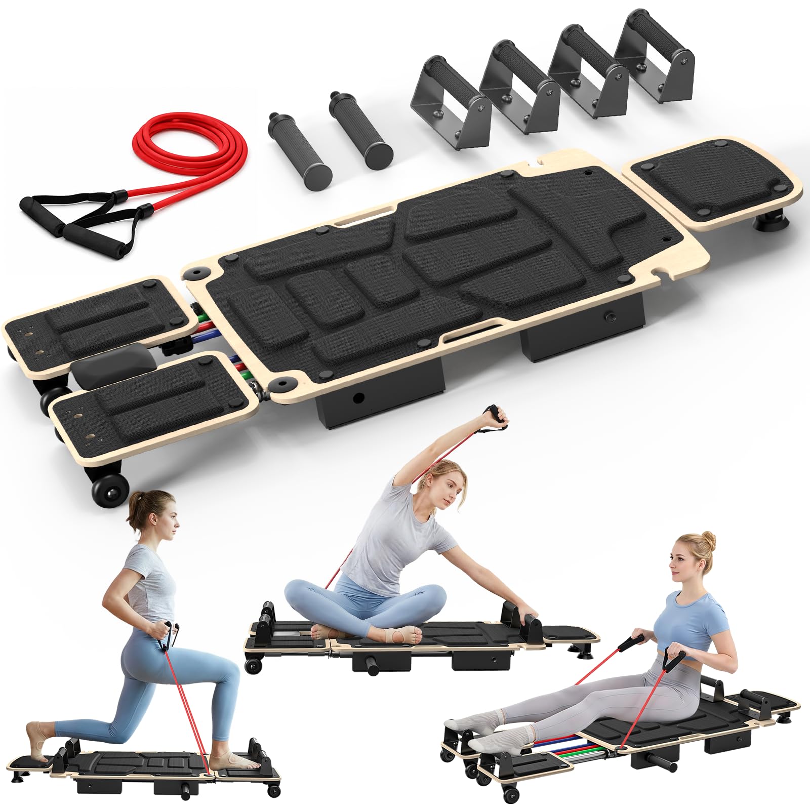 Riformatore da pilates per allenamento a casa, attrezzatura per pilates 5 in 1 con cuscinetti doppi e divisi, sistema di guida scorrevole liscia, poggiatesta regolabile per 110-190 cm, nucleo e tutto