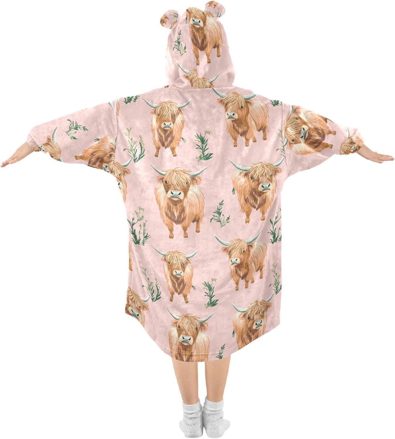 Highland Cow Animal Kids Wearable Blanket Hoodie with Pocket and Sleeves for Toddlers, Cute Hoodies Girls B0403916