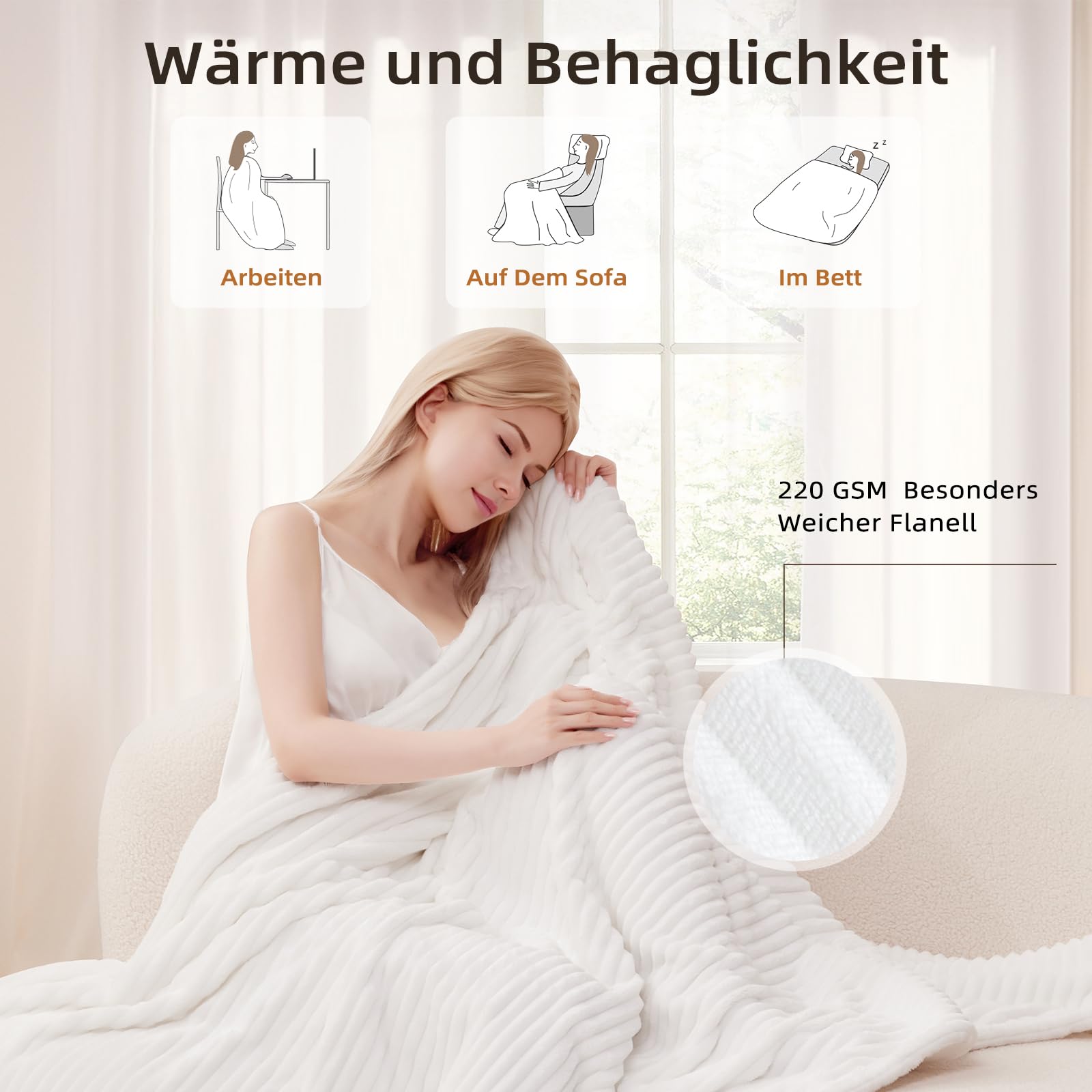 Heizdecke 130x180 cm, Heizdecke mit Abschaltautomatik, Wärmedecke mit 9 Heizstufen und 10 Stunden Timer, Überhitzungsschutz Elektrische Kuscheldecke für Bett, Büro(Weiß Gestreift)