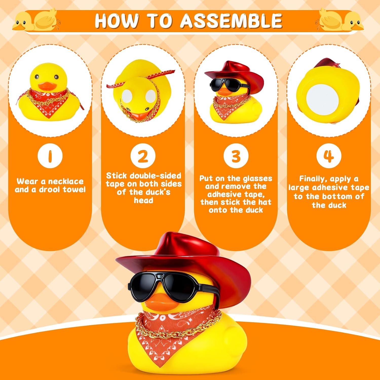 Mini Rubber Ducks with Red Cowboy Hat, Sunglasses, Red Bib& Gold Necklace, Funny Cowboy Duck Dashboard Decor, DIY Car Accessories for Auto Interior and Home Office