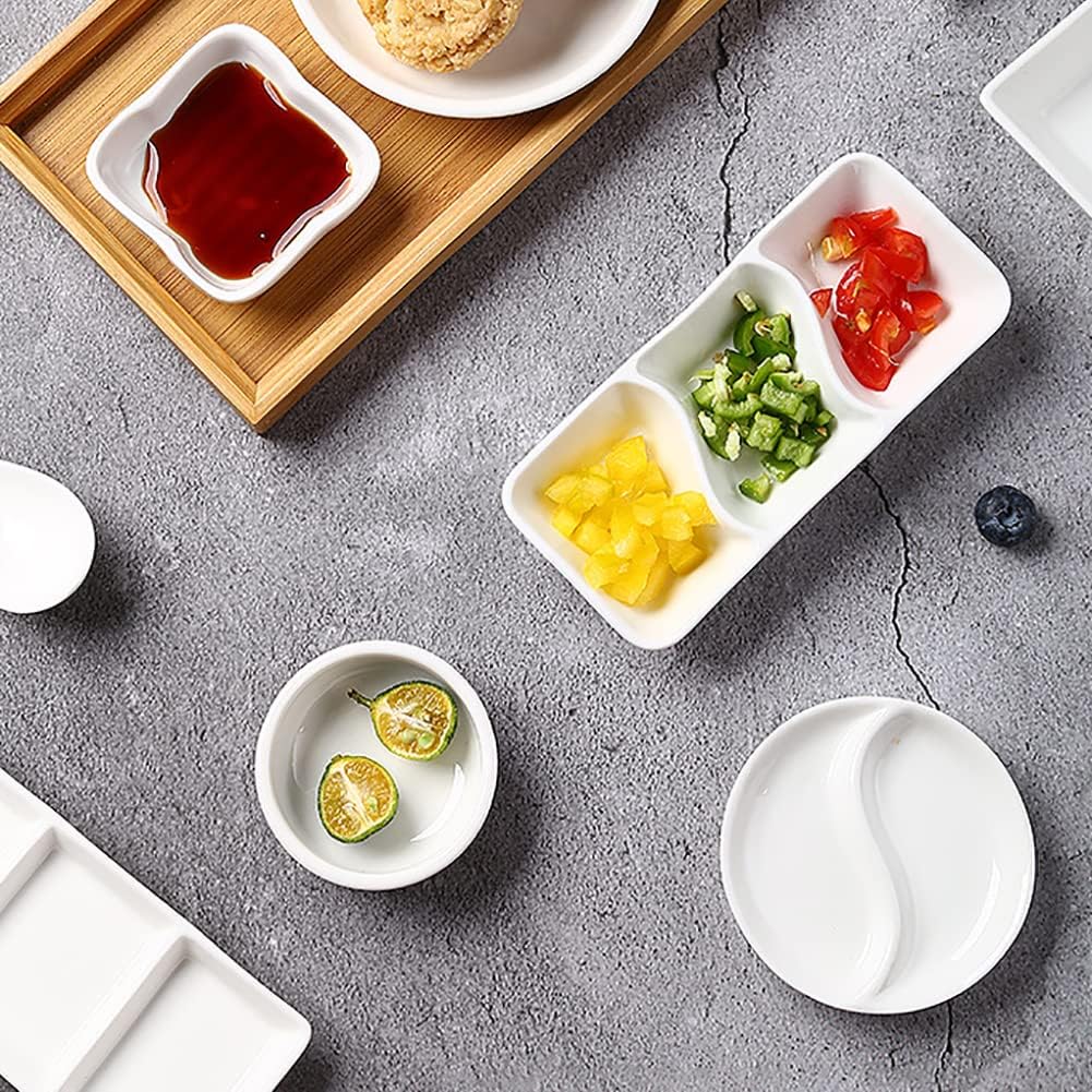 GSHLLO 2 Pcs Ceramic Divided Sauce Dishes 2 Compartments Appetizer Dish Dipping Sauce Bowls Side Dish Plates Soy Sauce Trays for Home Kitchen Restaurant