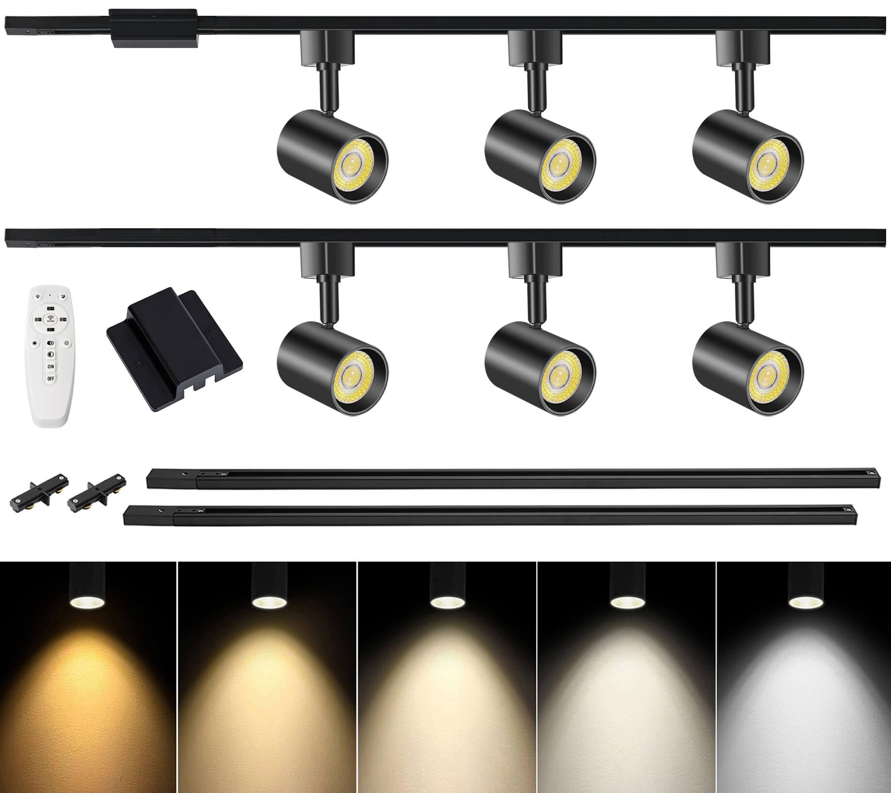 6 Lights Remote Control LED Track Lighting Kit with 6.6FT H Type Track Lighting Rails & Floating Canopy Connector, Modern Kitchen Ceiling Light Fixture Dimmable, 2700K - 6000K, 10W 800lm Black