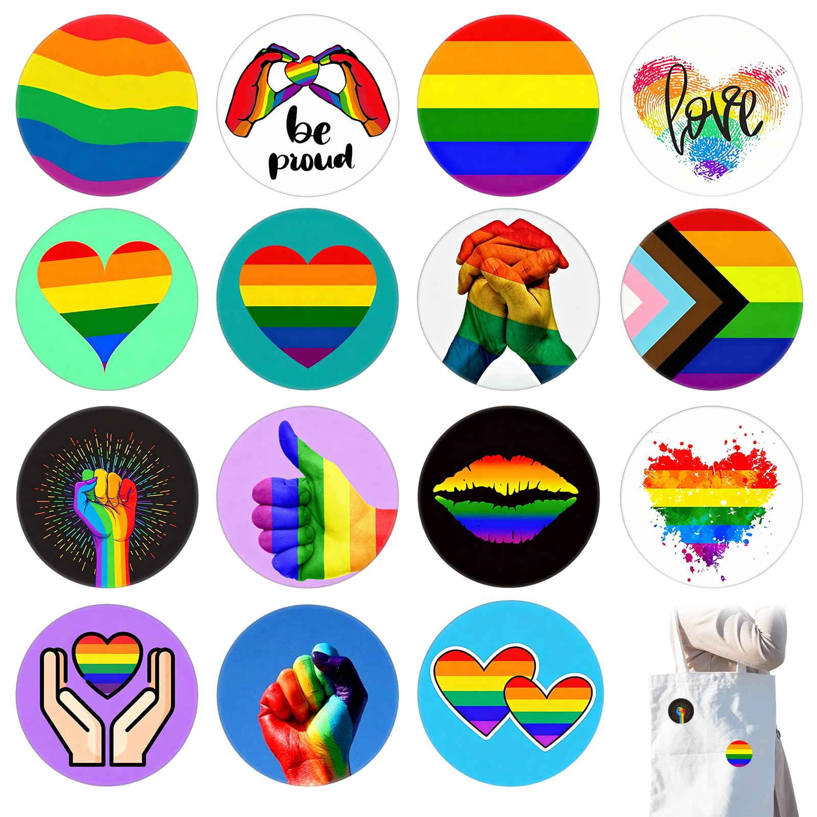 Insignias Orgullo Arcoíris 16 Piezas 44MM, Chapas LGBTQ con Puño Arcoíris, Pines Acero Inoxidable