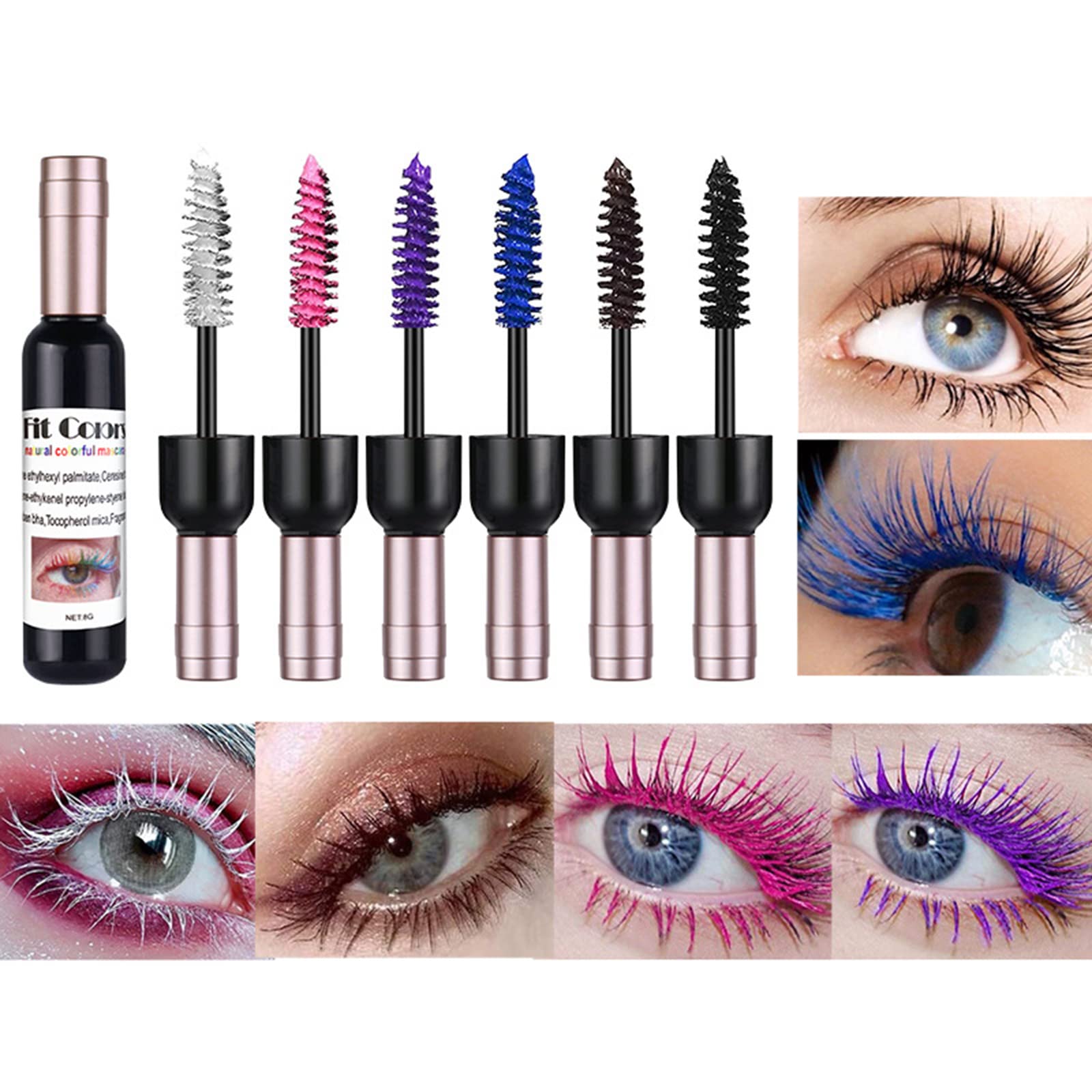 Holzsammlung 6 colores Máscara de fibra colorida Máscara encantadora de larga duración pestañas gruesas y largas Maquillaje de ojos a prueba de agua y manchas