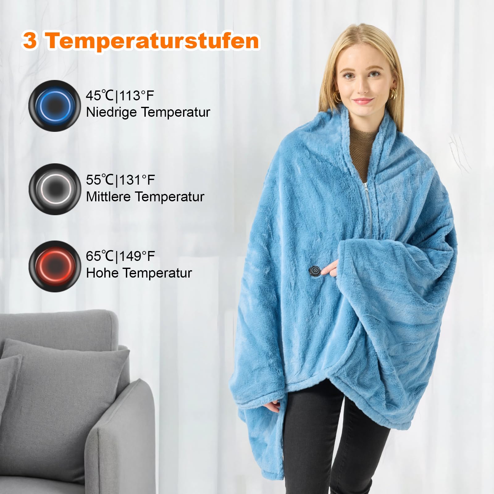 170x92cm Graphen Heizdecke mit Akku Kabellos 7.4V 20000mAh mit Fleece Futter, 6-Zonen Heizsystem, 3 Temperaturstufen, waschbar, weiches Fleece für Damen und Herren, Home Office & Reise